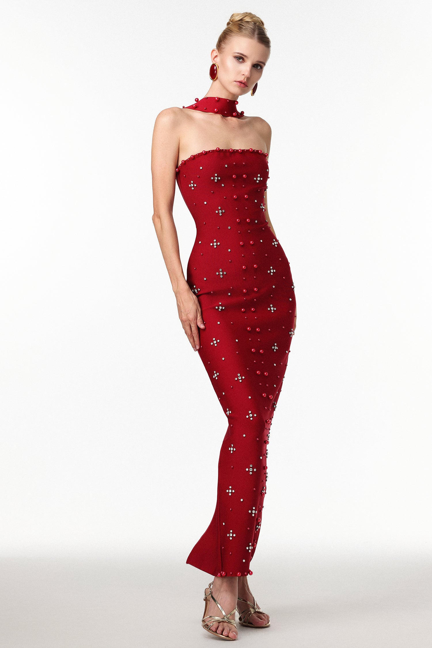 Nesya Sleeveless Pearl Wine Bandage Maxi Dress D250701245