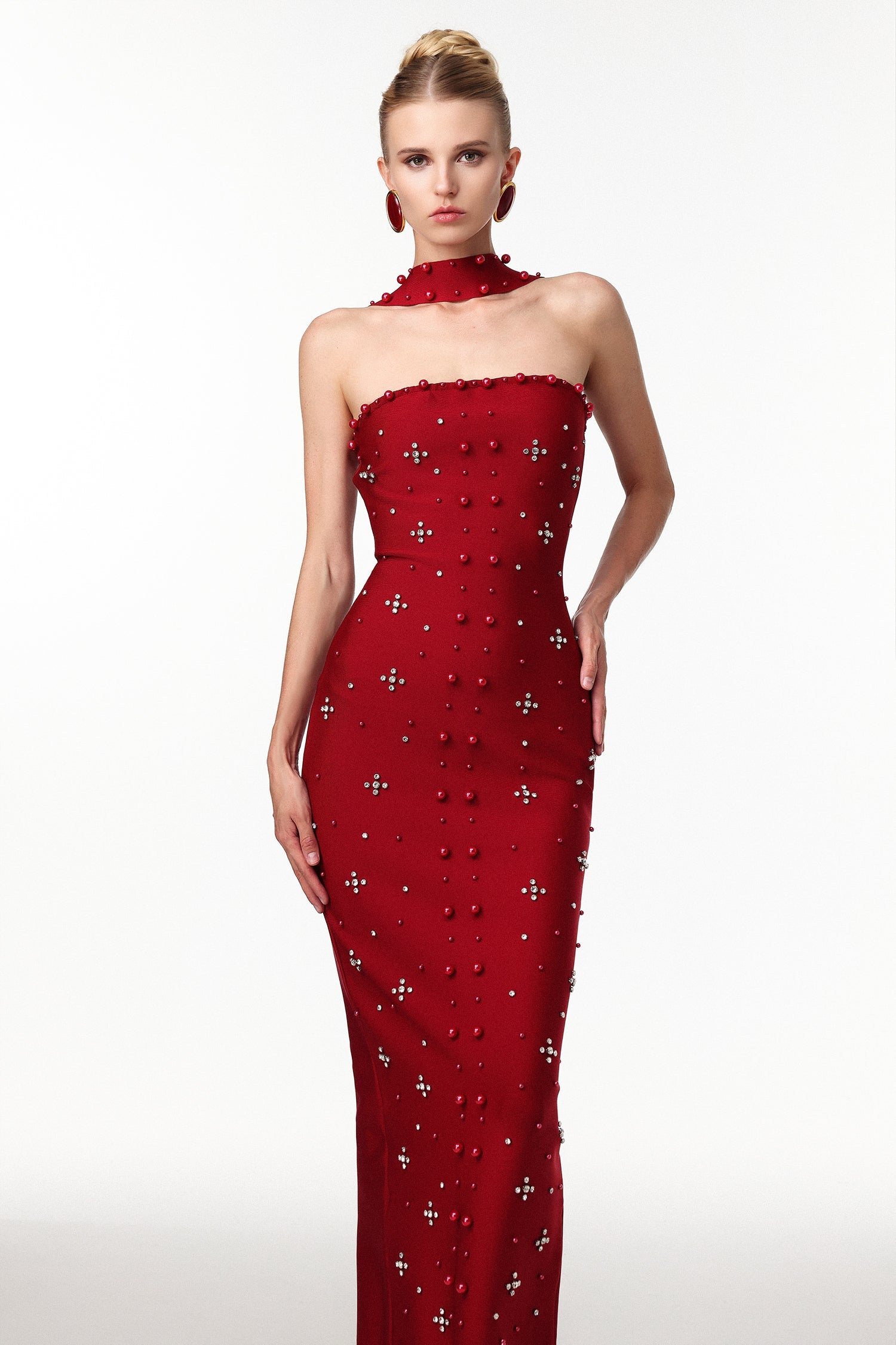 Nesya Sleeveless Pearl Wine Bandage Maxi Dress D250701245