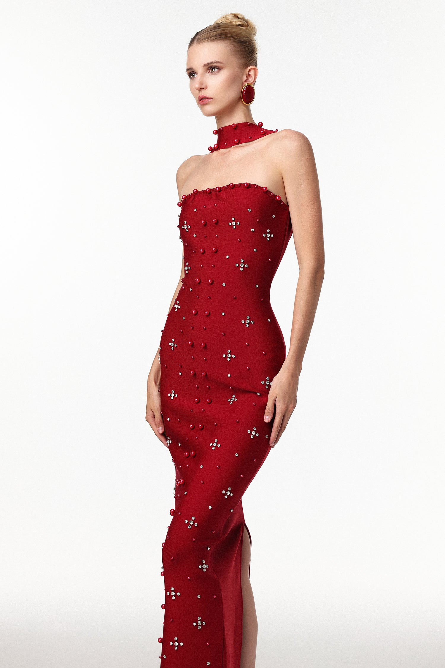 Nesya Sleeveless Pearl Wine Bandage Maxi Dress D250701245