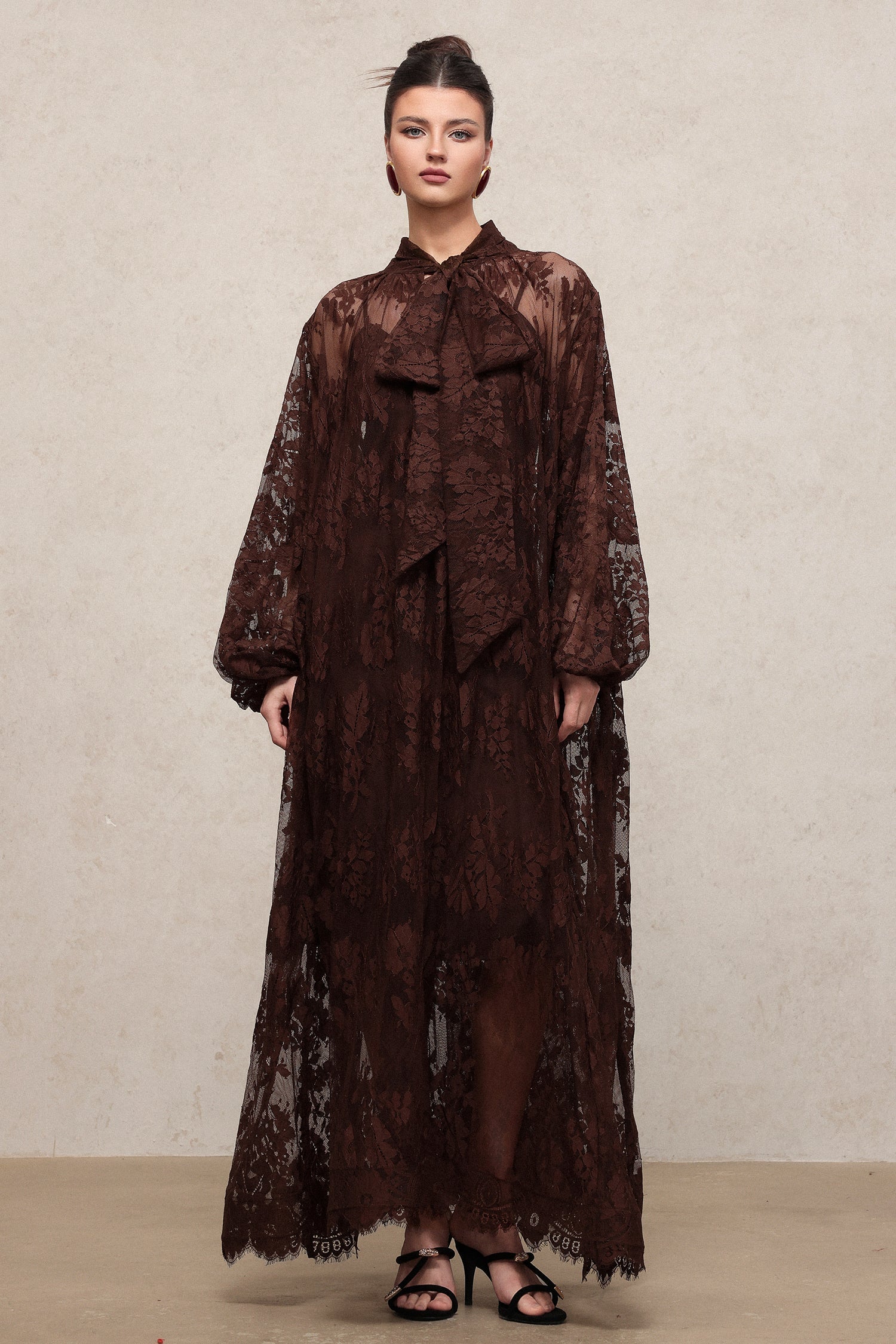 Deliyn Resort Flowy Long Sleeve Embroidered Mesh Lace Maxi Dress C251000037