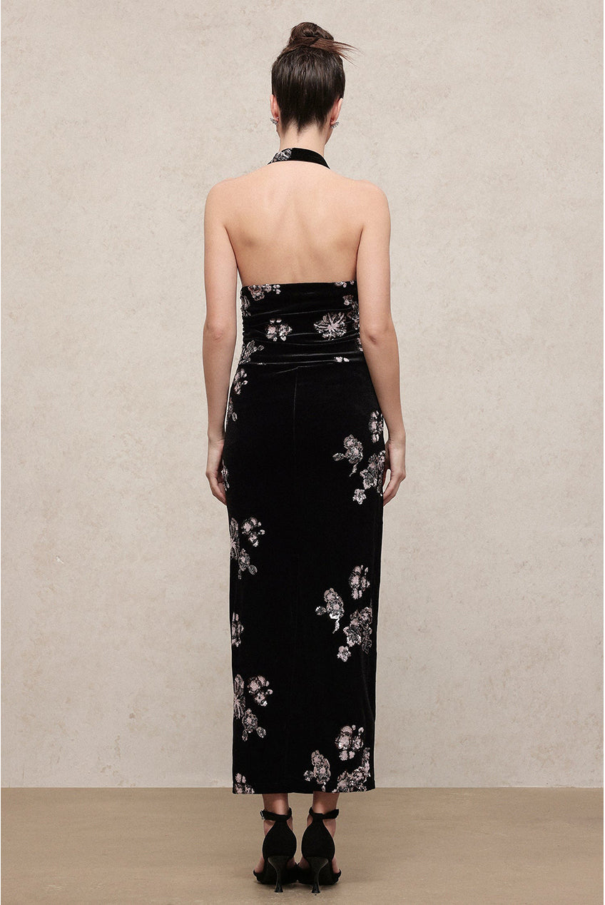 Velma Vintage Romantic V Neck Sleeveless Sequin Embroidered Velvet Maxi Dress C251000018