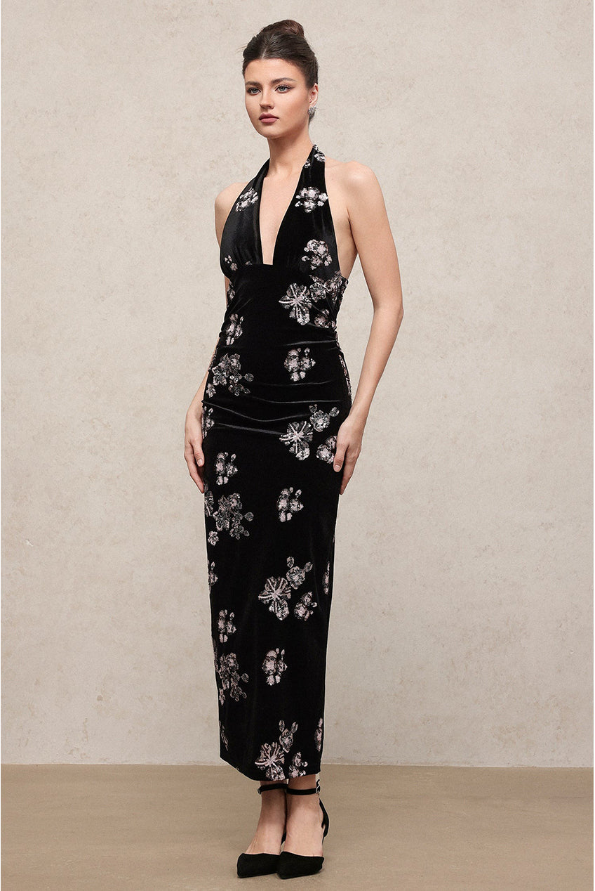 Velma Vintage Romantic V Neck Sleeveless Sequin Embroidered Velvet Maxi Dress C251000018