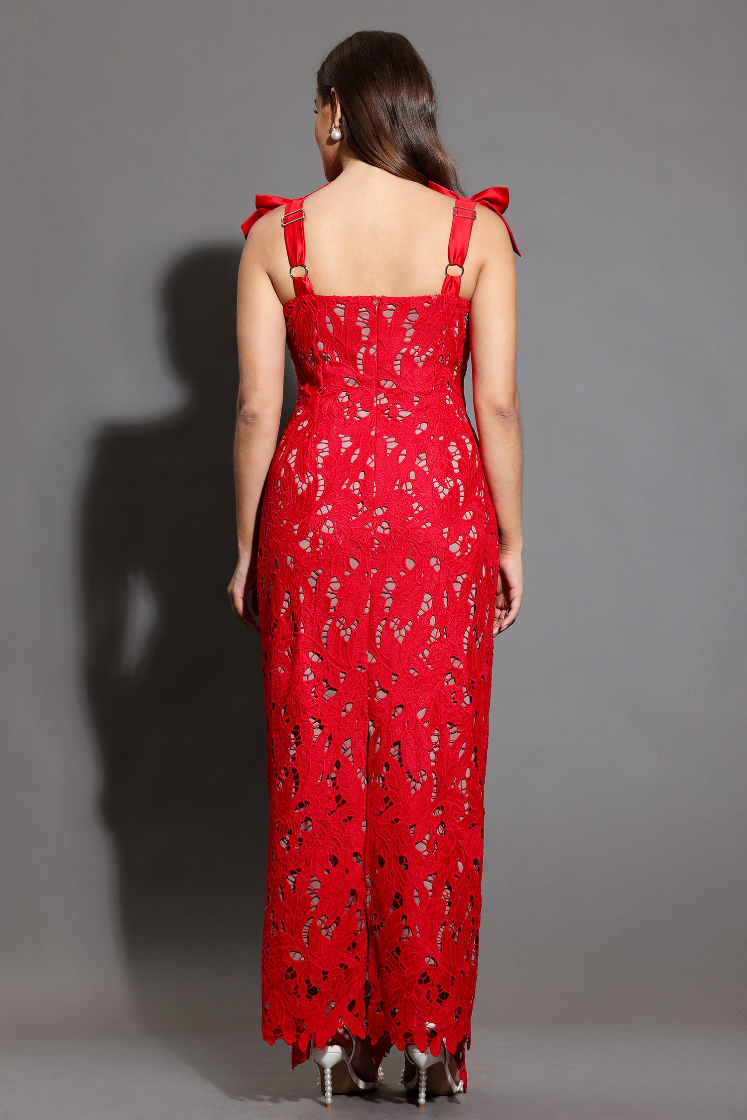 Teela Bows Lace Sleeveless Maxi Dress D250201541-RED