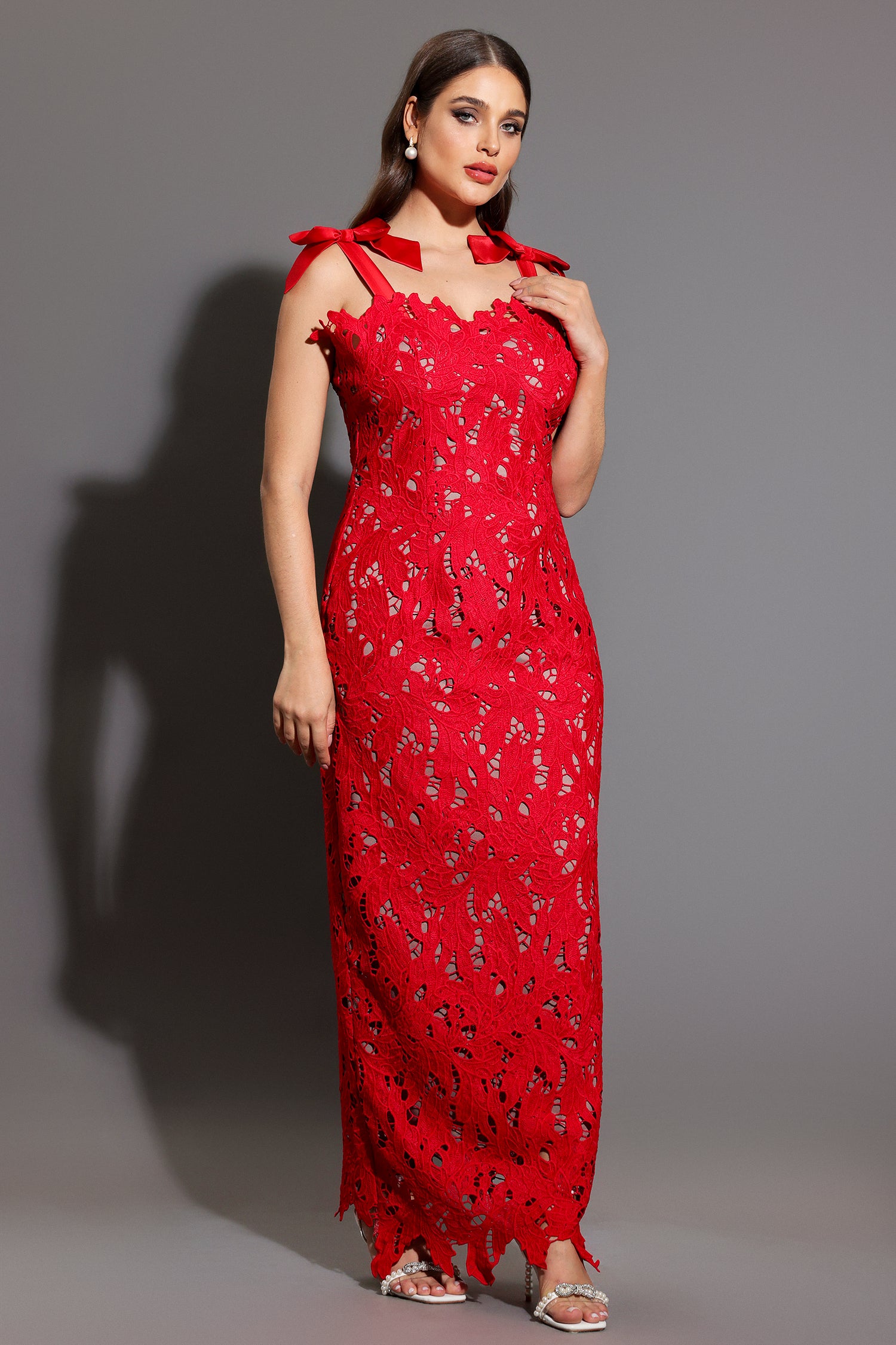 Teela Bows Lace Sleeveless Maxi Dress D250201541-RED
