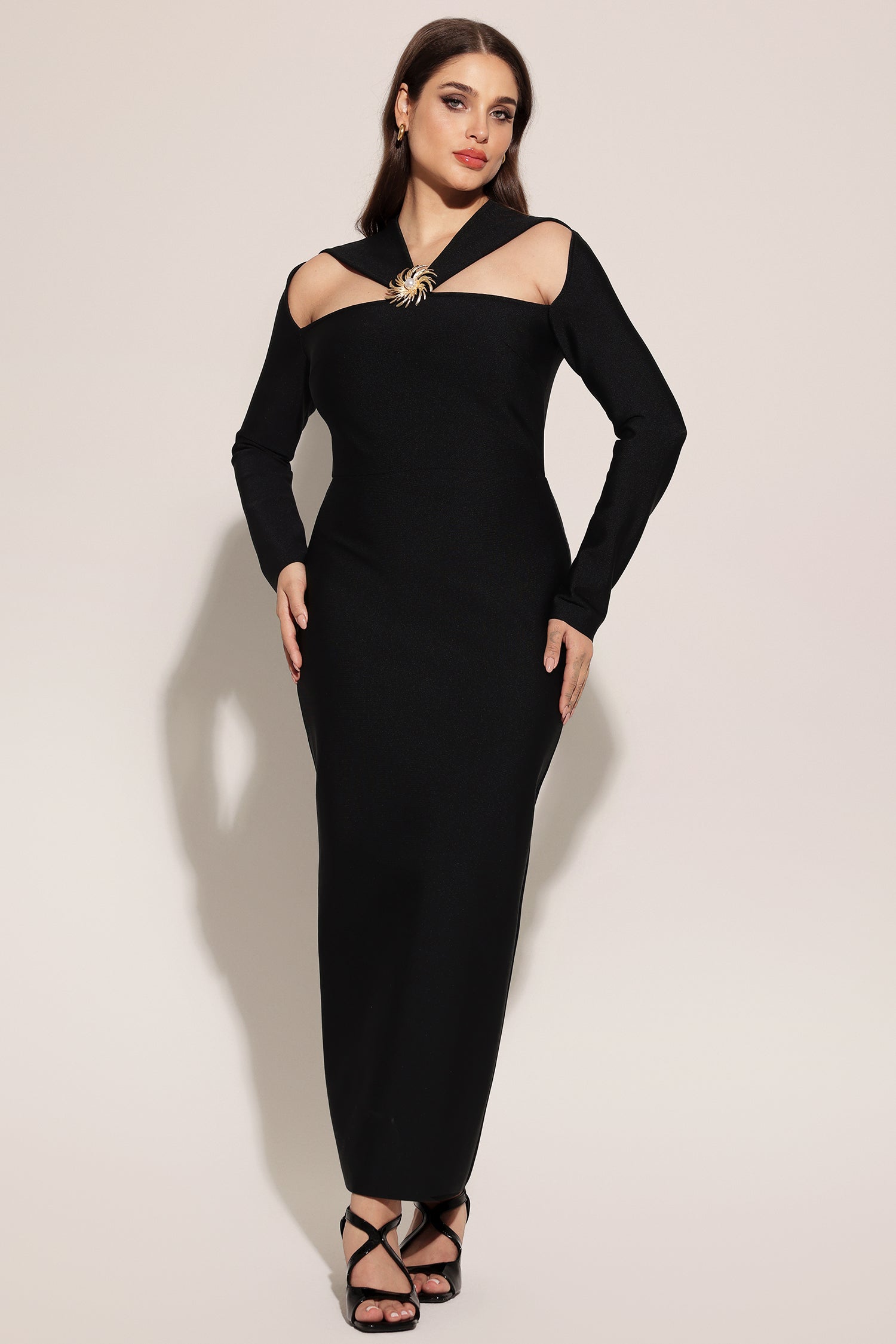 Lave Long Sleeves Hollow Out Bandage Maxi Dress D241202602