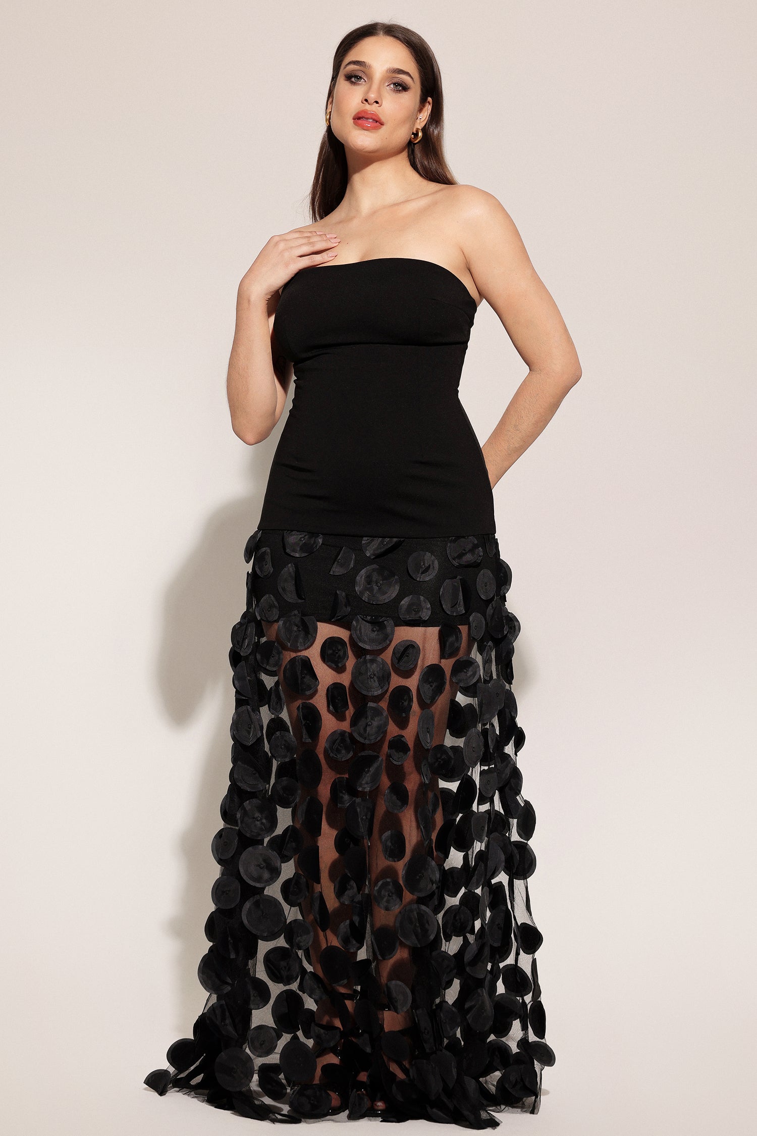 Falzer Sleeveless Netting Wafer Maxi Dress D250301510