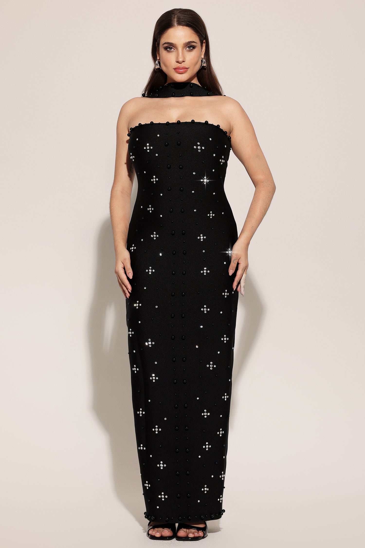 Nesya Sleeveless Pearl Bandage Maxi Dress D250701245-BLACK