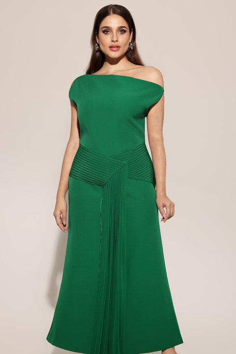 Paulina Oblique Shoulder Sleeveless Folds Green Midi Dress by Bella Barnett