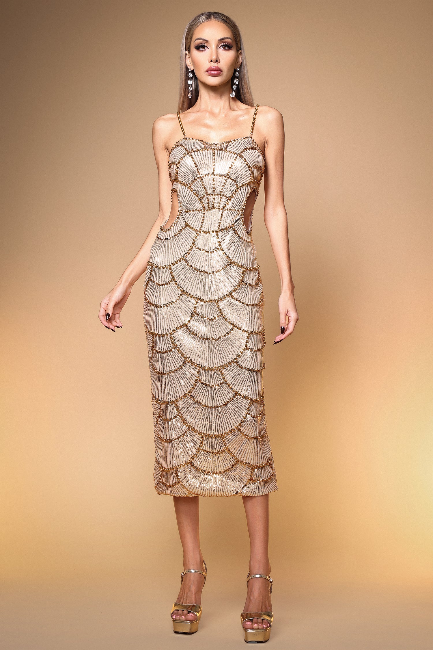 Teresa Pearl Sequin Gold Midi Dress D230600452