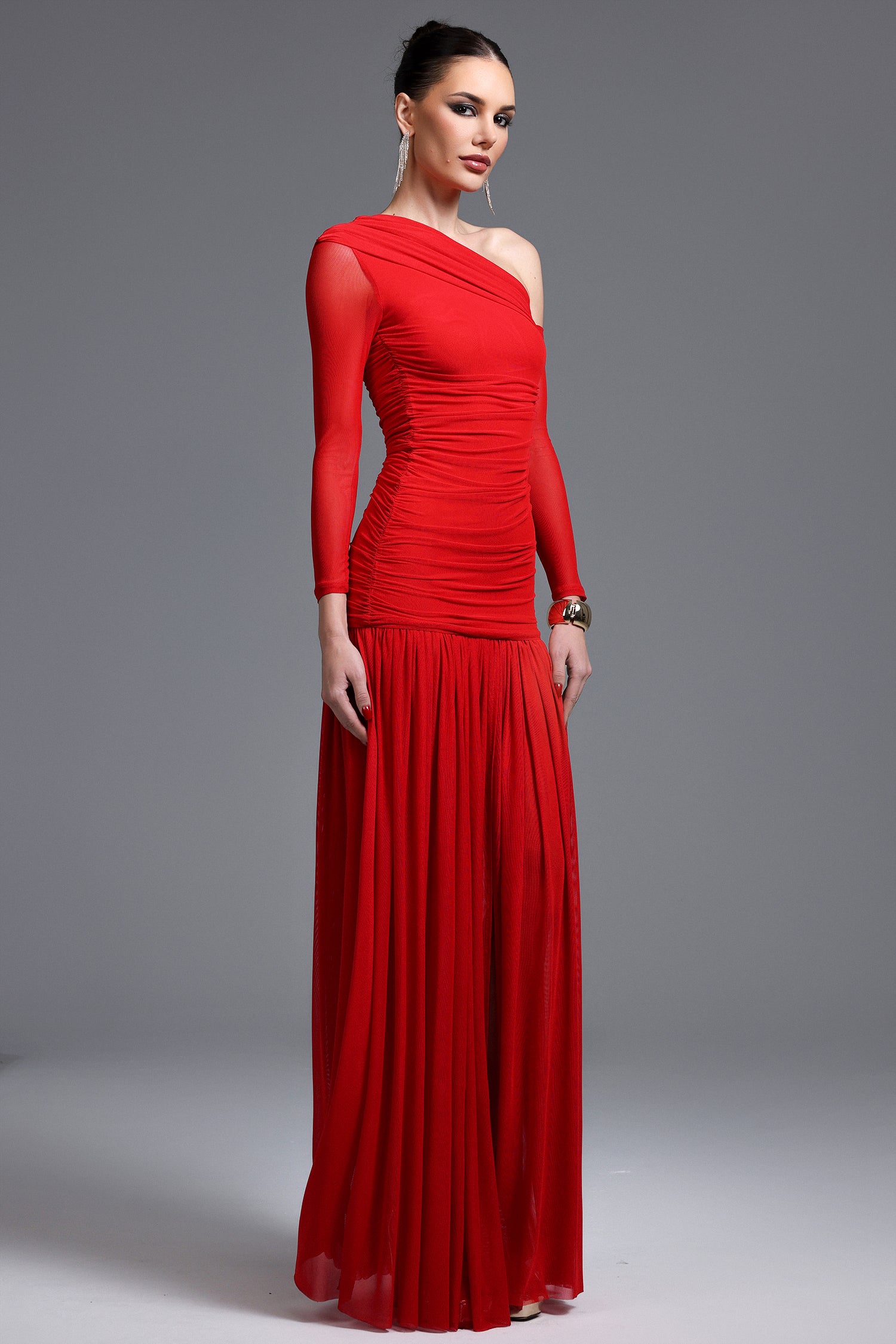 Zaniyah Elegant Contour One Shoulder Ruched High Slit Knit Maxi Dress D251005202