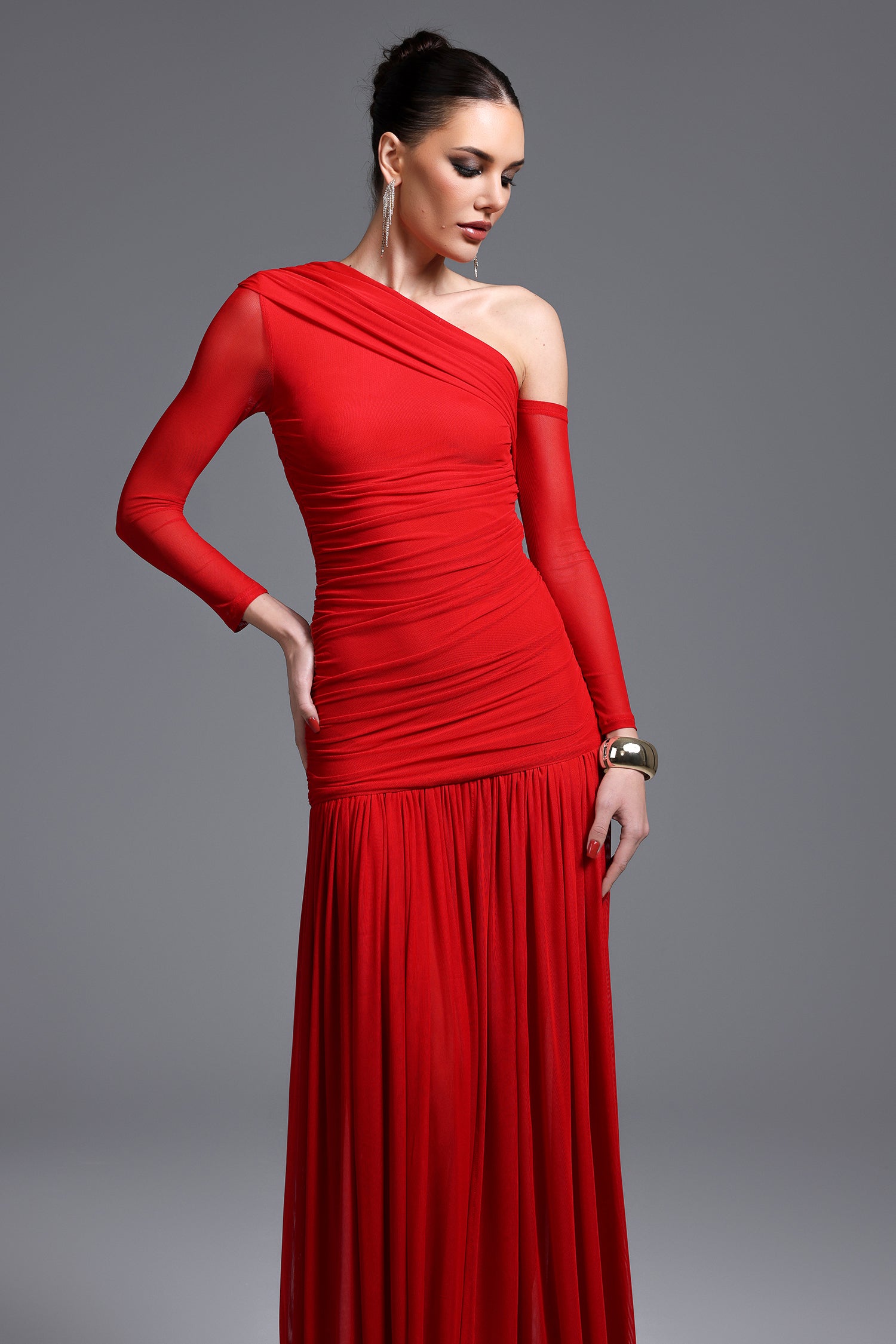 Zaniyah Elegant Contour One Shoulder Ruched High Slit Knit Maxi Dress D251005202