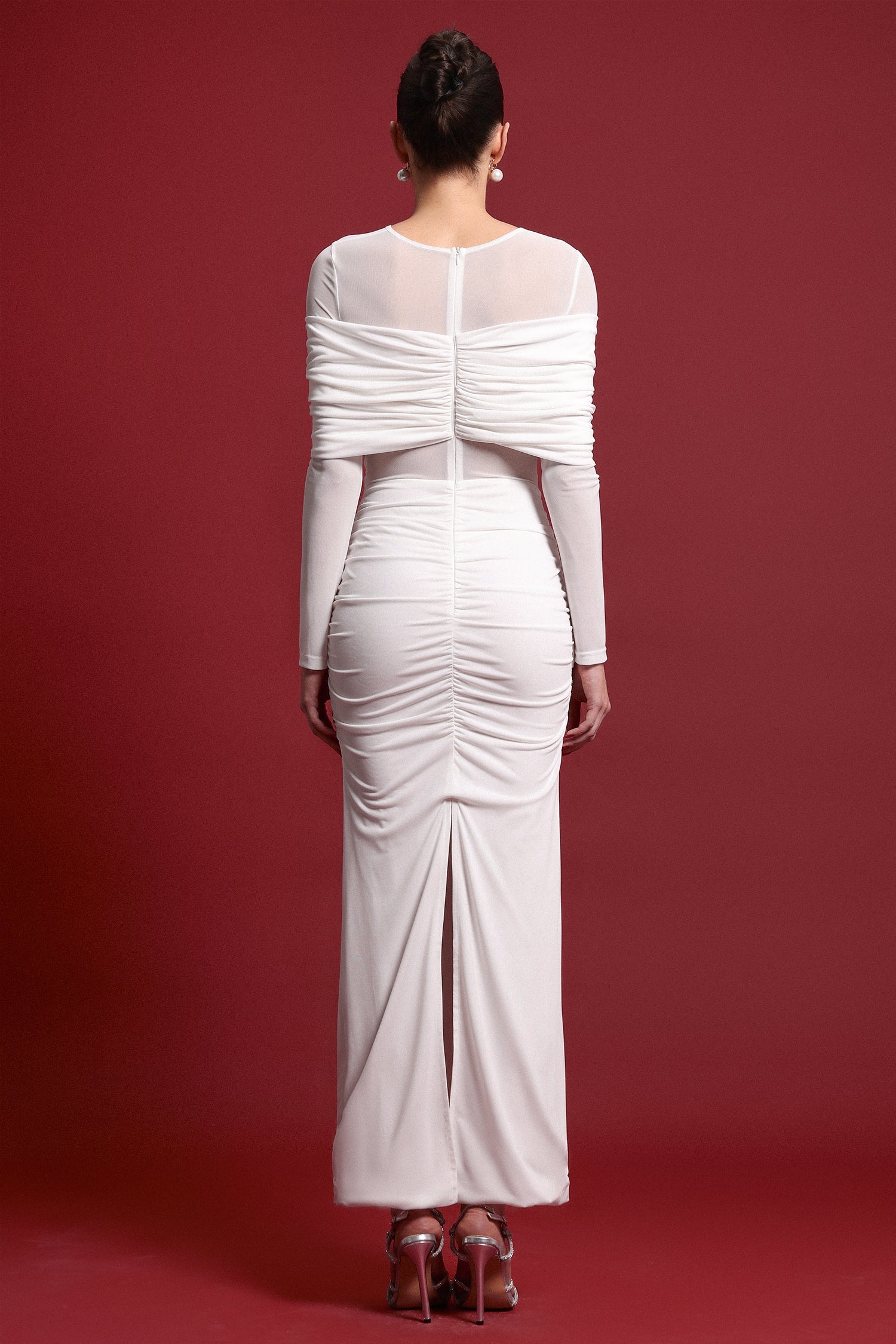Ingrid Elegant Contour Ruched Mesh Layered Knit Maxi Dress D250905103