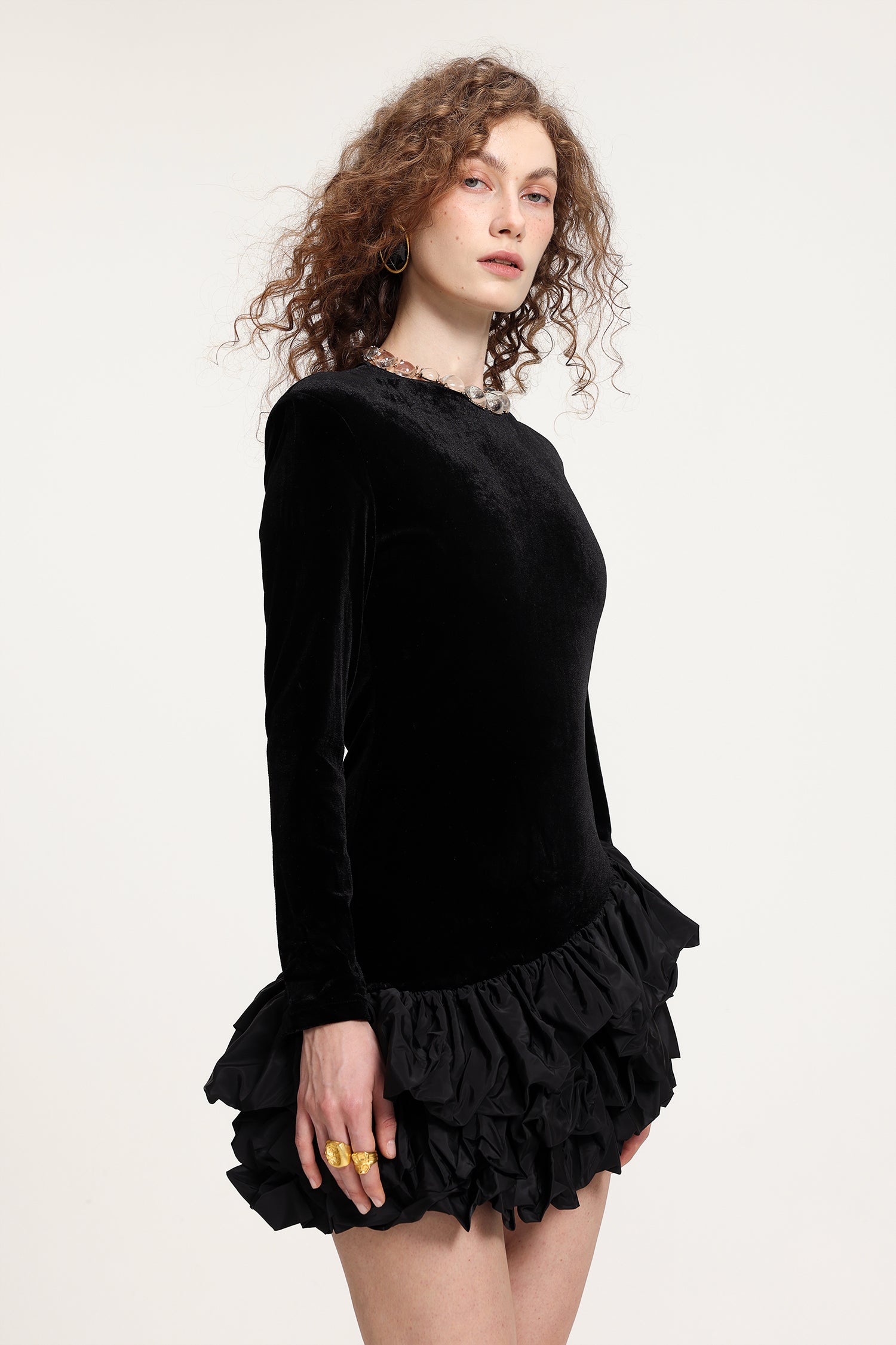 Velvet Asymmetric Ruffled Mini Dress R2510AL015-BLACK