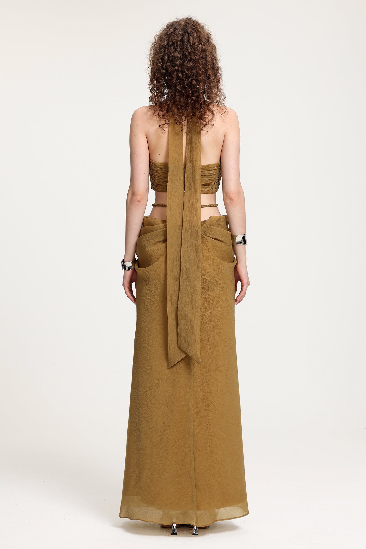 High-Neck Braided Cut-Out Draped Chiffon Maxi Dress R2510HB025