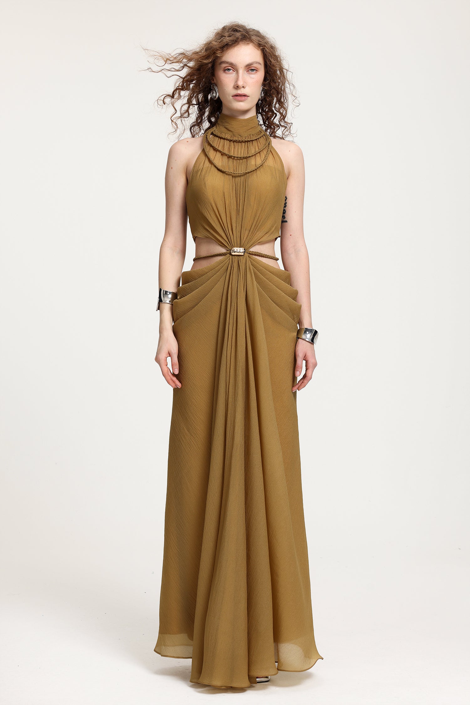 High-Neck Braided Cut-Out Draped Chiffon Maxi Dress R2510HB025