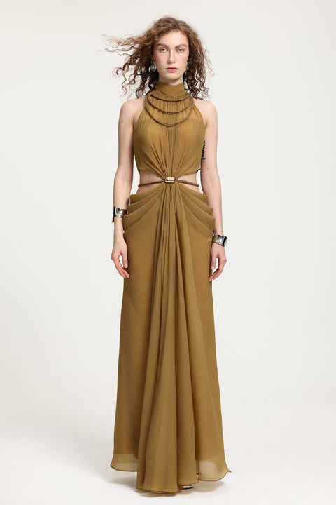 High-Neck Braided Cut-Out Draped Chiffon Maxi Dress by Skye&Iris