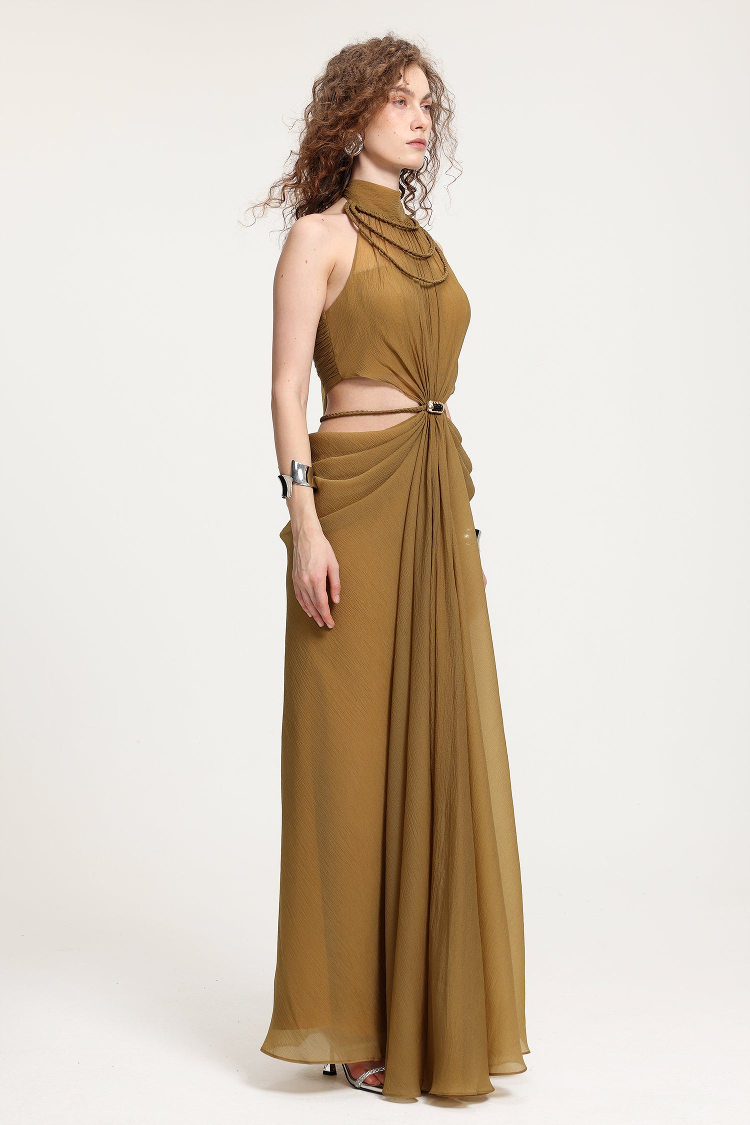 High-Neck Braided Cut-Out Draped Chiffon Maxi Dress R2510HB025-BROWN