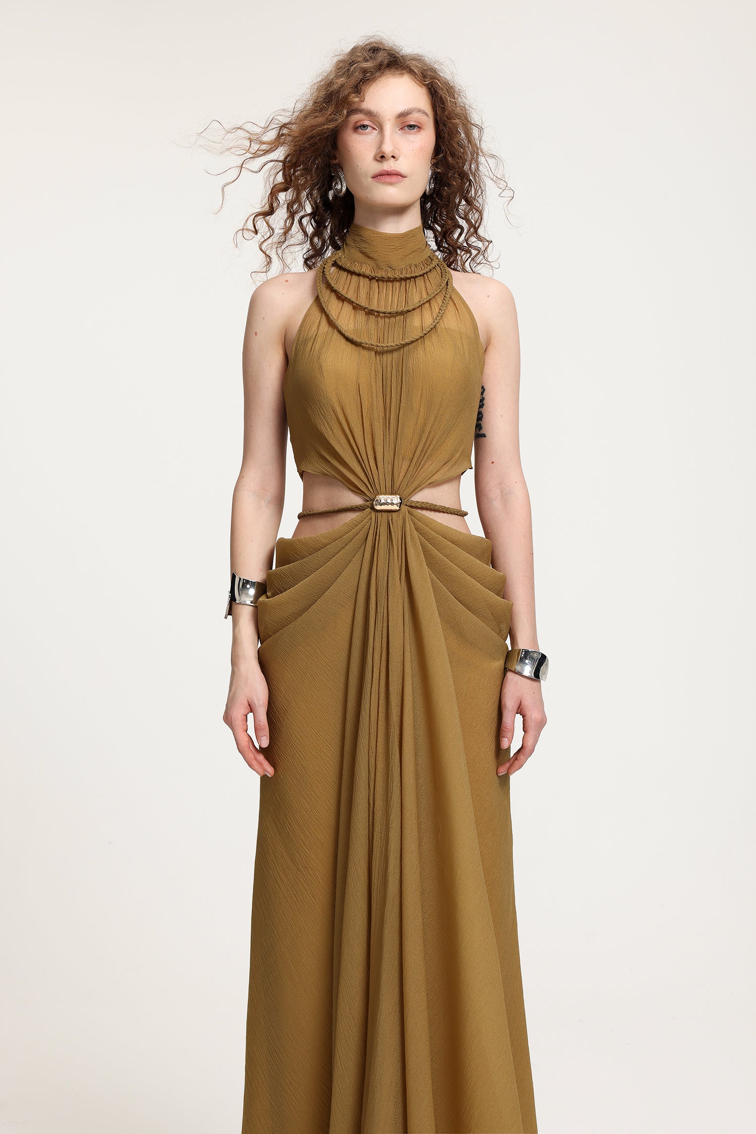 High-Neck Braided Cut-Out Draped Chiffon Maxi Dress R2510HB025