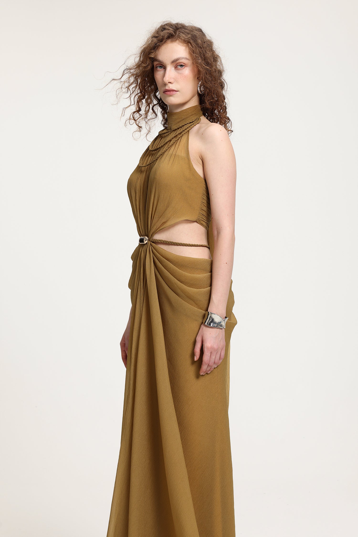 High-Neck Braided Cut-Out Draped Chiffon Maxi Dress R2510HB025-BROWN