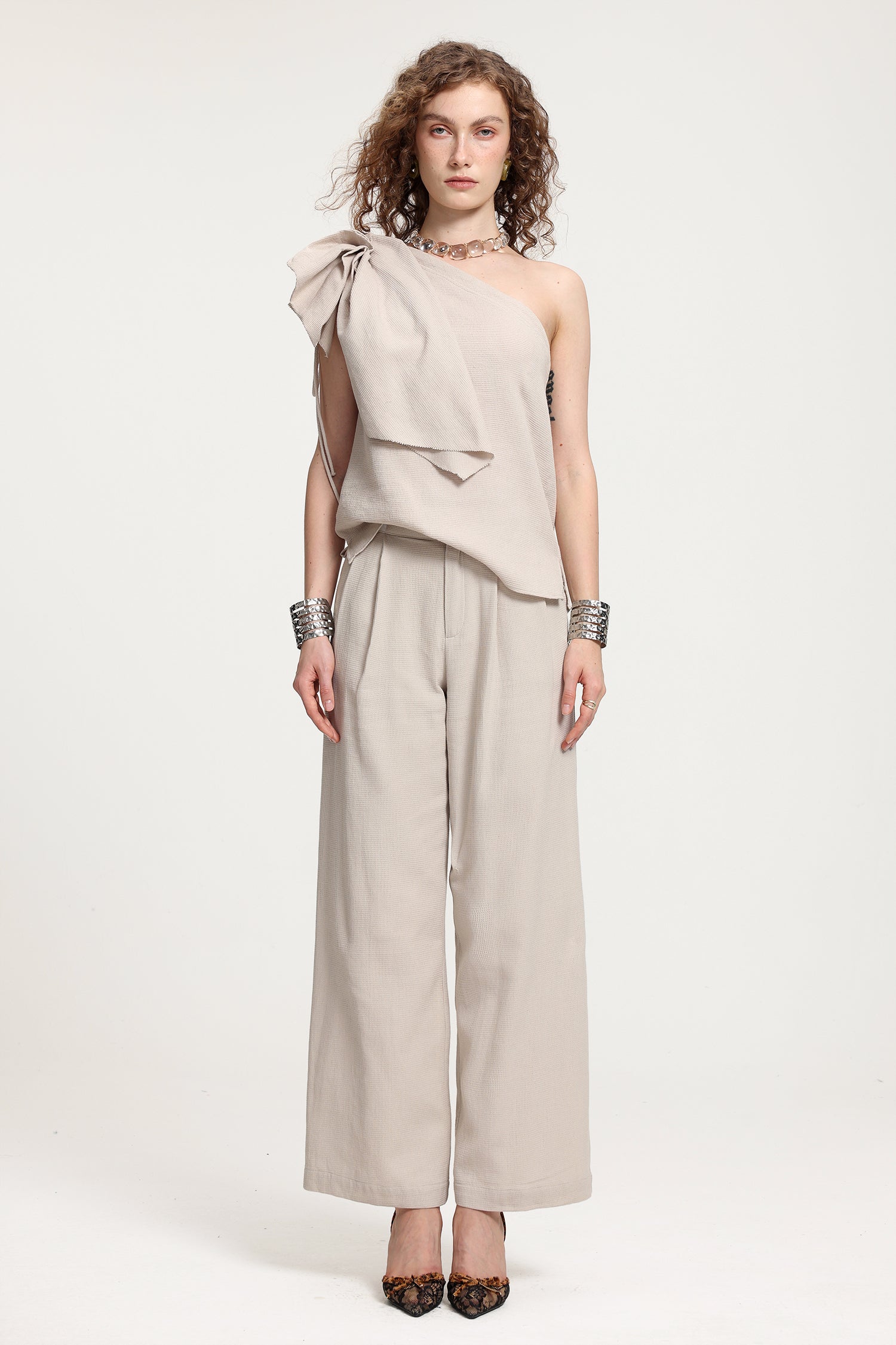 One-Shoulder Ruffled Top With Wide-Leg Pants Set R2510AL035-GREY