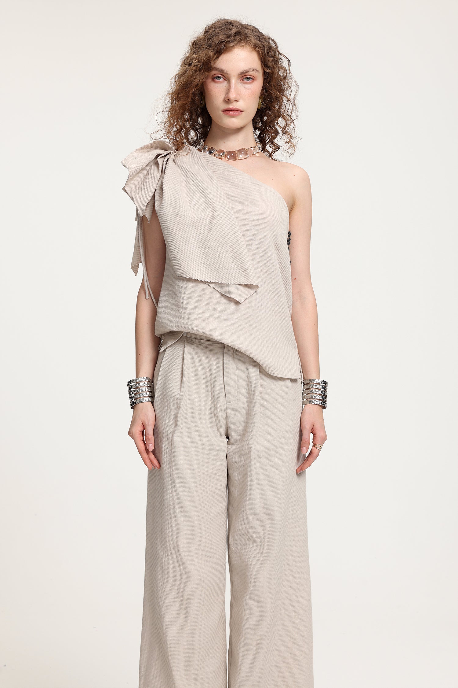 One-Shoulder Ruffled Top With Wide-Leg Pants Set R2510AL035-GREY