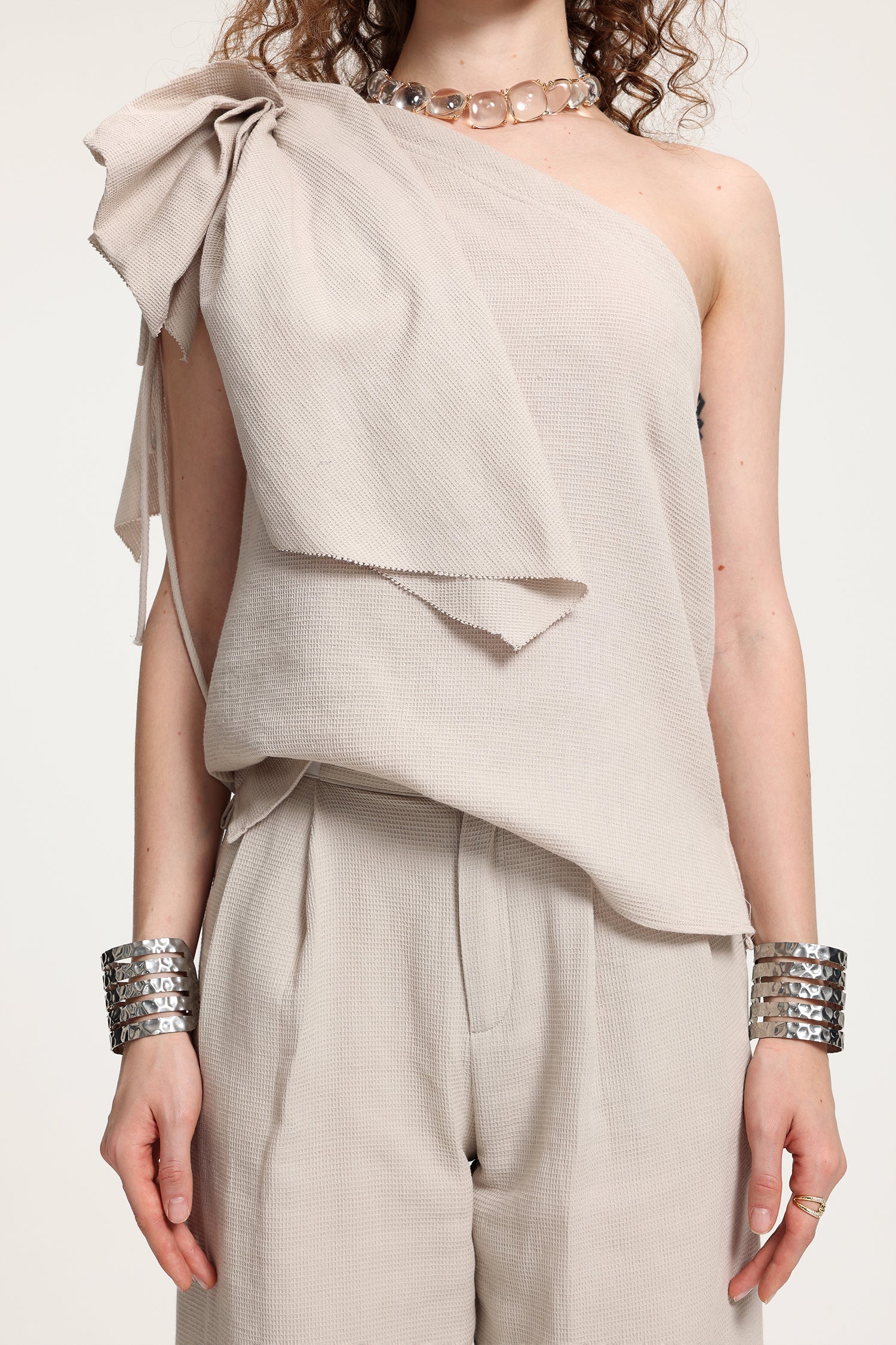 One-Shoulder Ruffled Top With Wide-Leg Pants Set R2510AL035-GREY