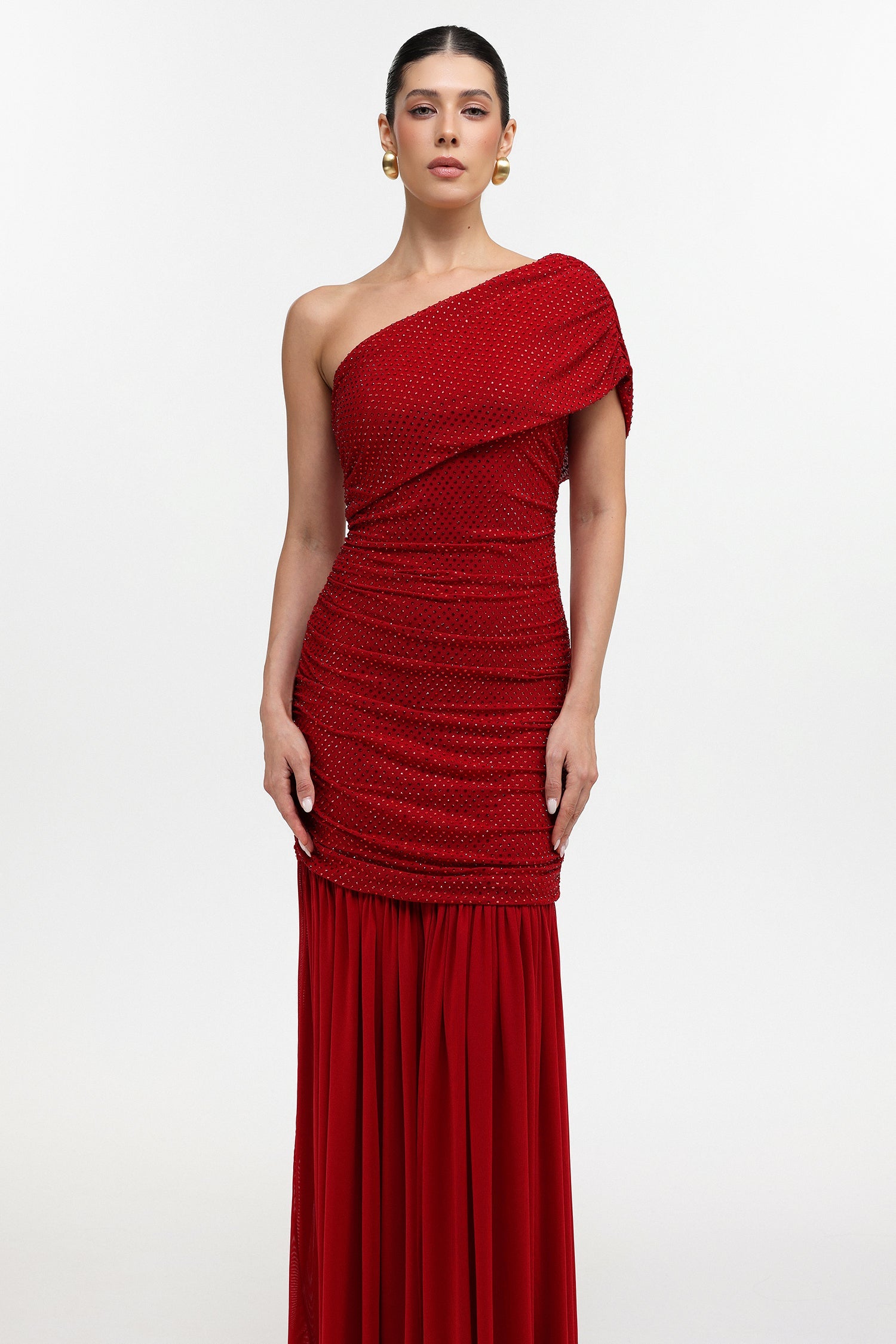 Naida Elegant Contour One Shoulder Ruched Crystal Maxi Dress D251105207