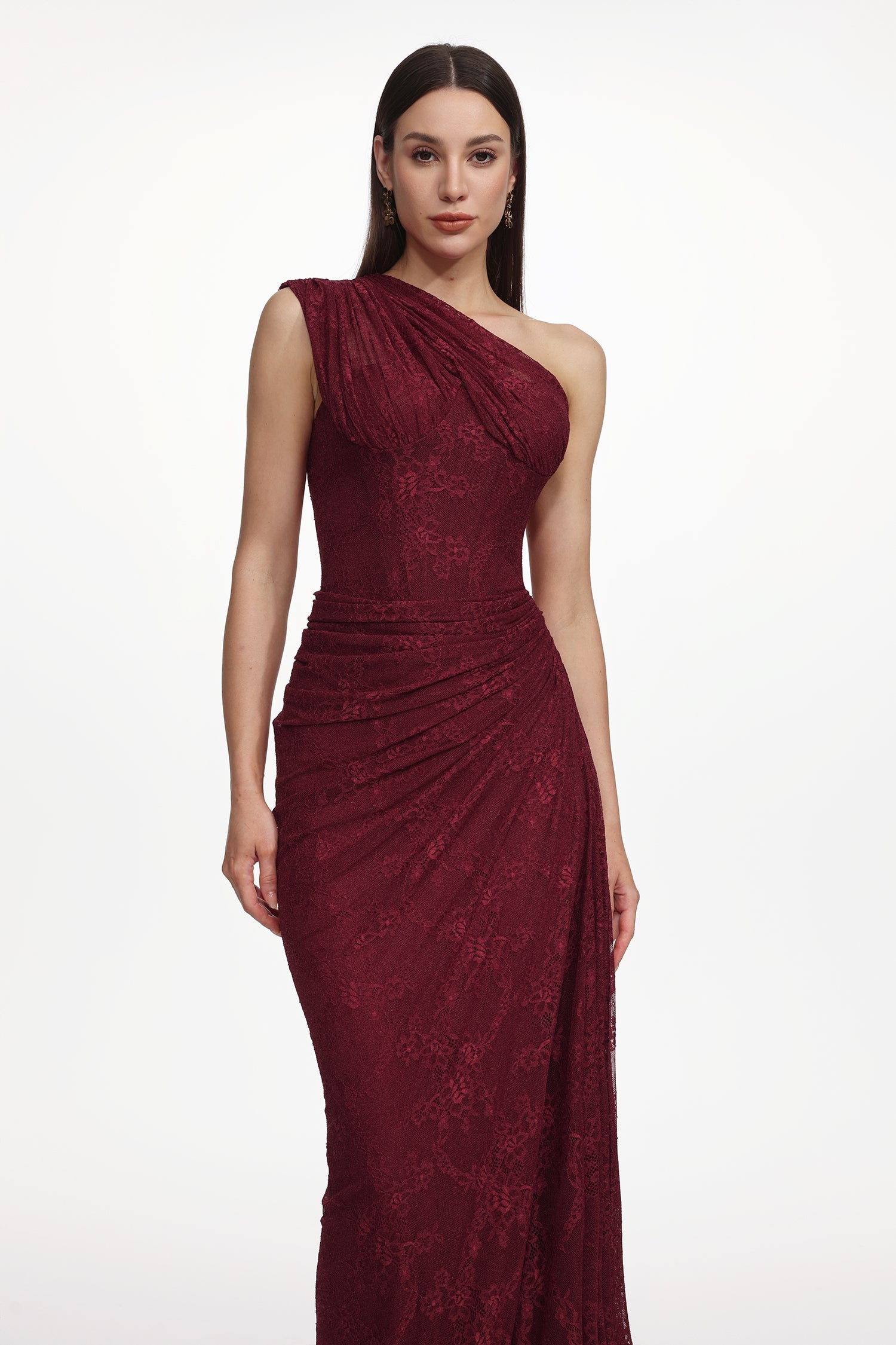 Finch Romantic Contour Sleeveless Ruched Lace Knit Maxi Dress D251201442