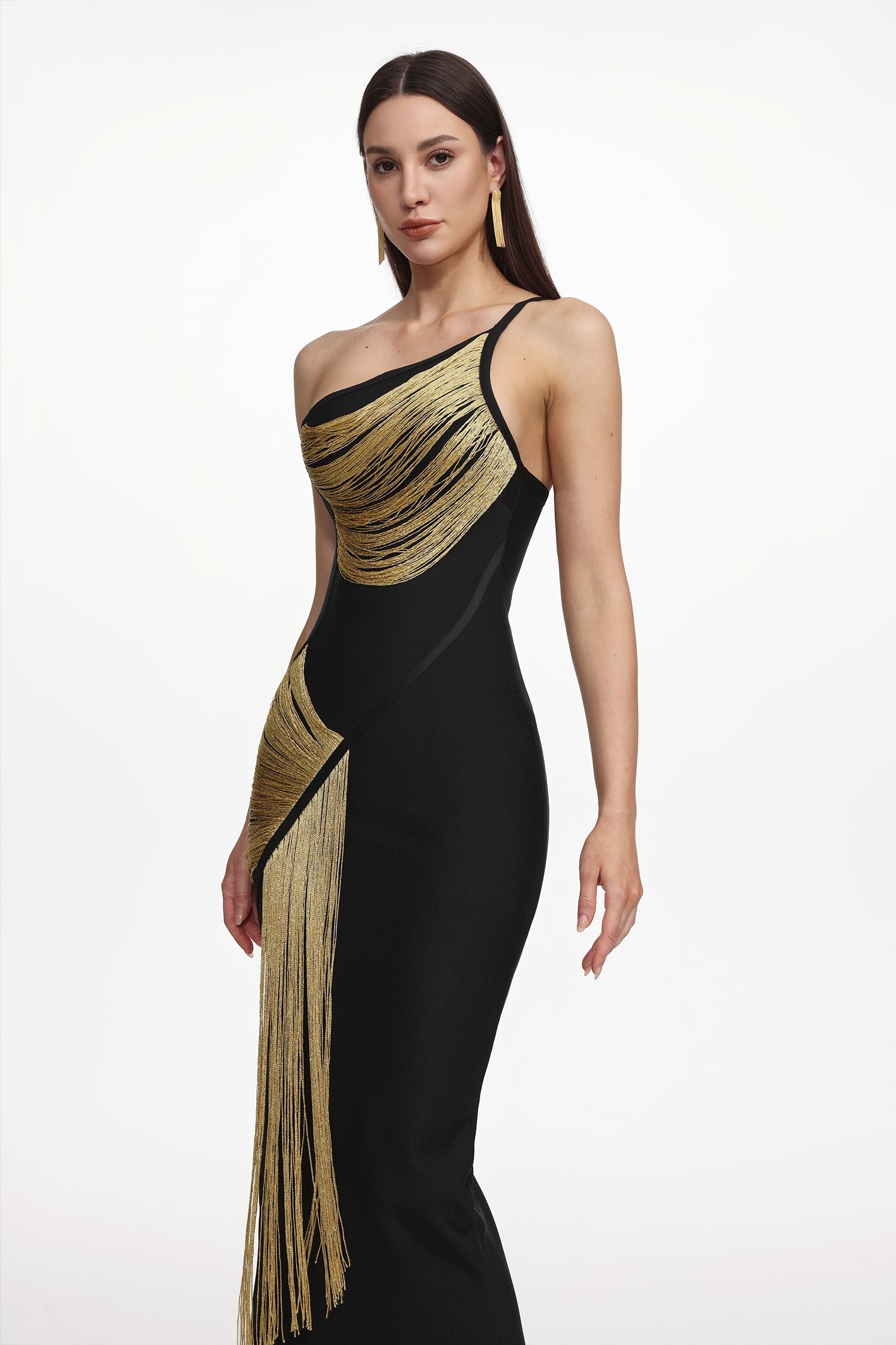 Roanna One Shoulder Sleeveless Golden Tassels Bandage Maxi Dress D250701239
