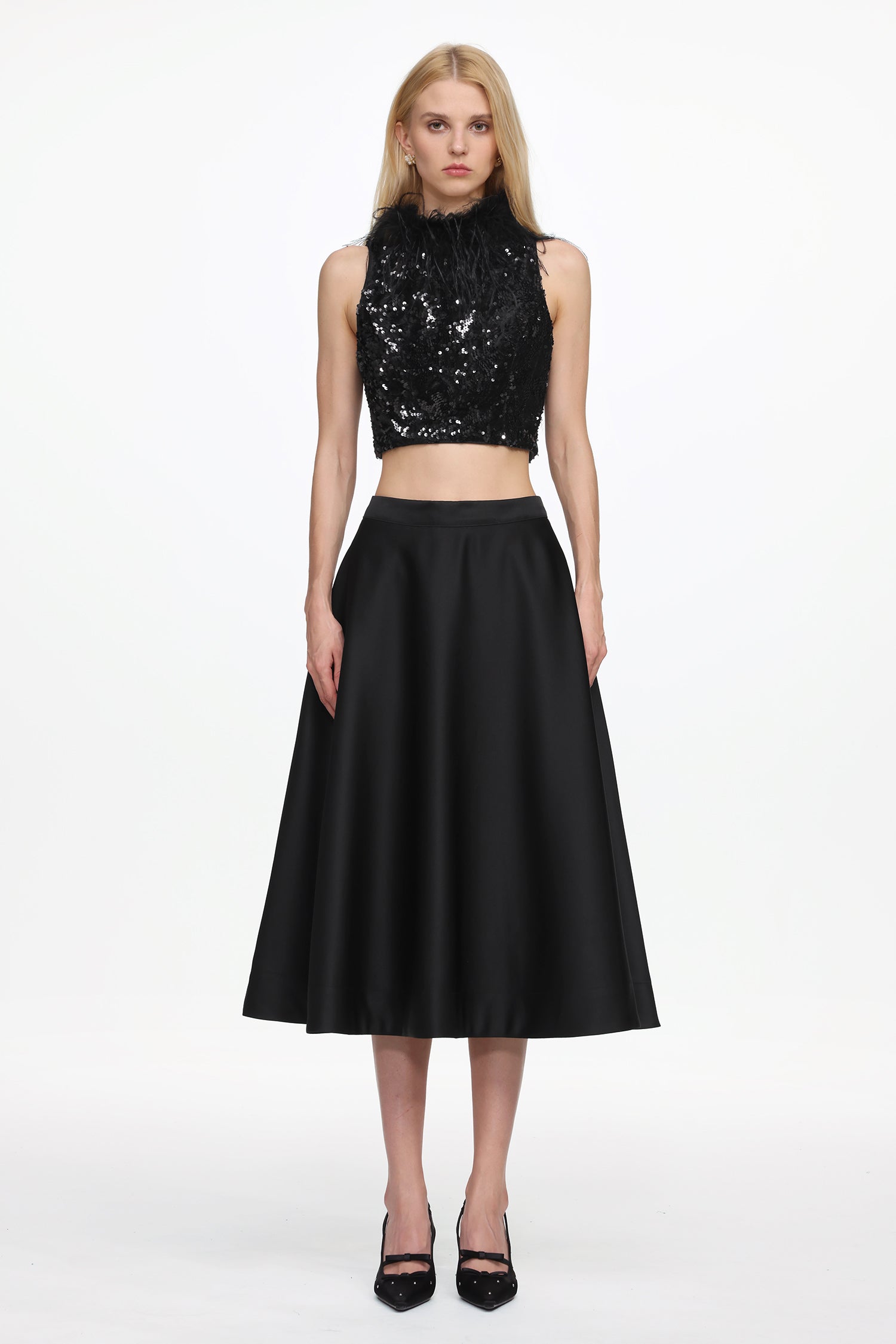 Chic Contonur Sleeveless Feather Sequin Velvet Top And Satin Skirt Set D251205405