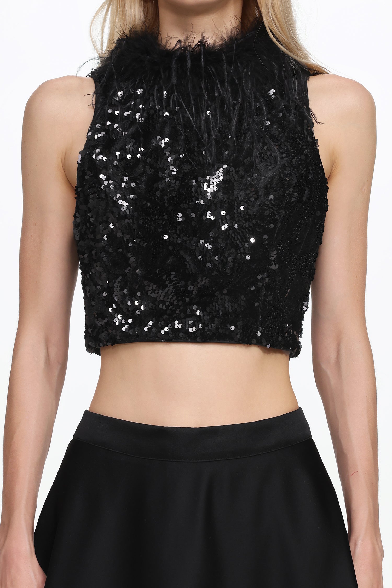 Chic Contonur Sleeveless Feather Sequin Velvet Top And Satin Skirt Set D251205405