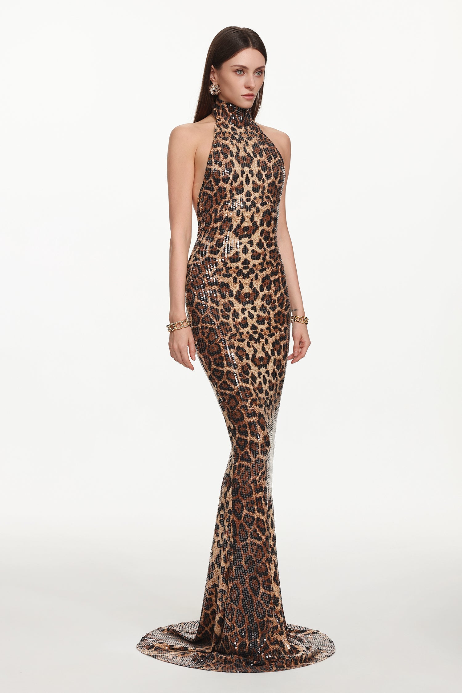 Myka Glamorous Contour Halter Leopard Print Sequin Maxi Dress D260101322