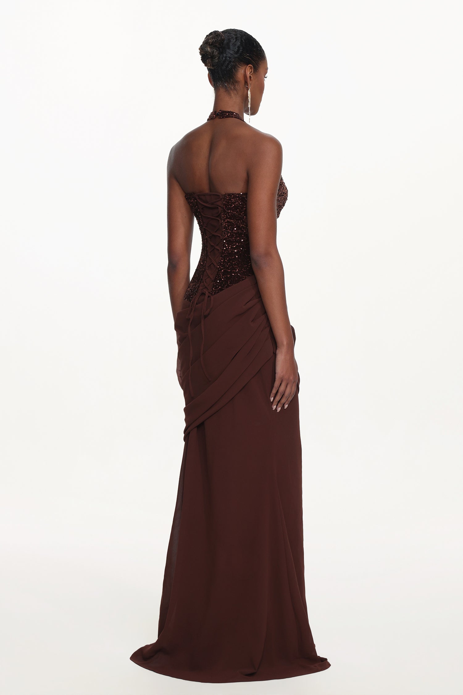 Theodora Chic Contour V Neck Halter Ruched Sequin Maxi Dress D260101221