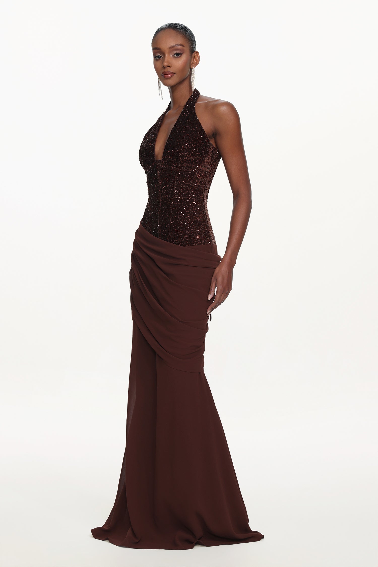 Theodora Chic Contour V Neck Halter Ruched Sequin Maxi Dress D260101221