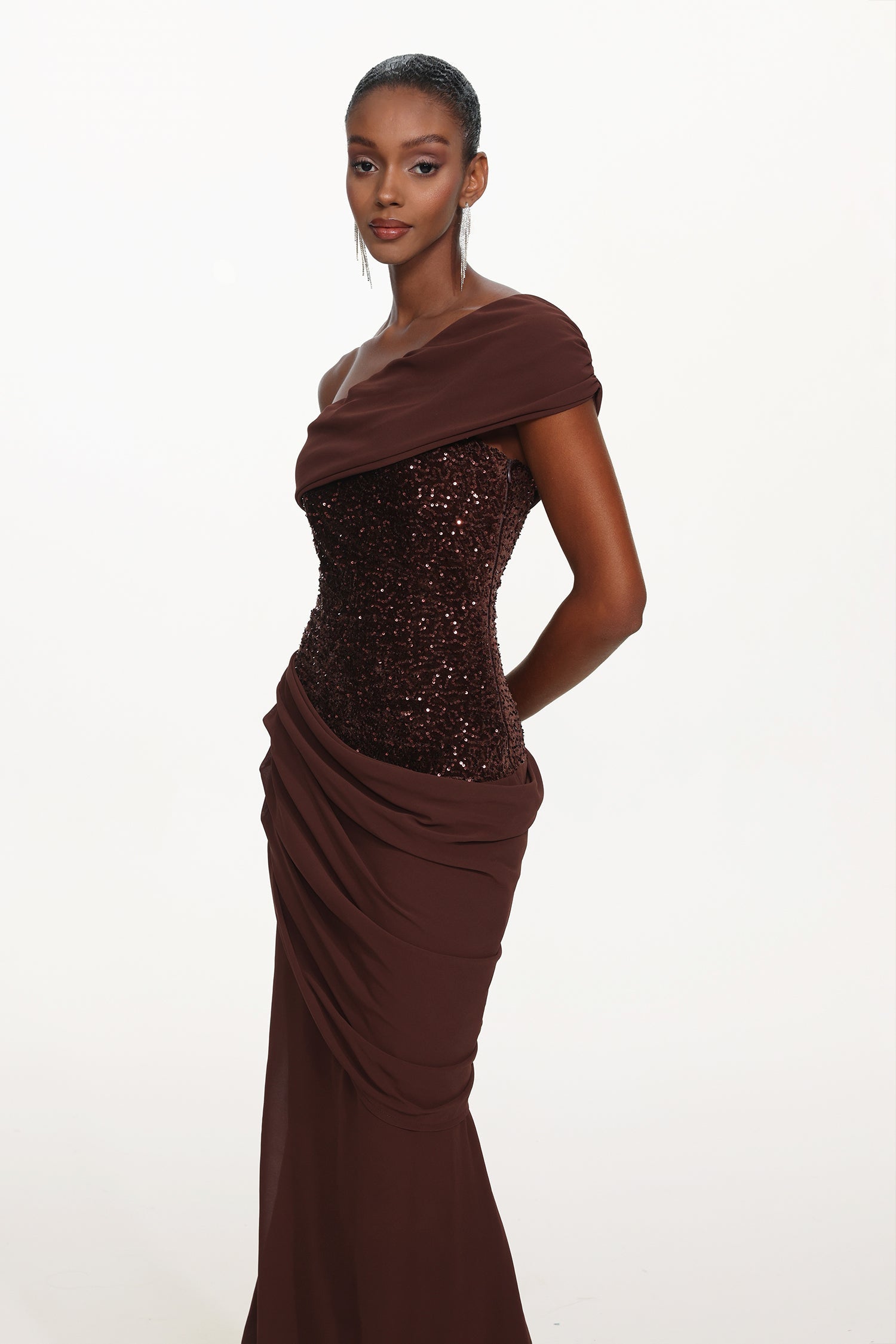 Naleza Chic Contour Off Shoulder Asymmetric Ruched Sequin Maxi Dress D260101220