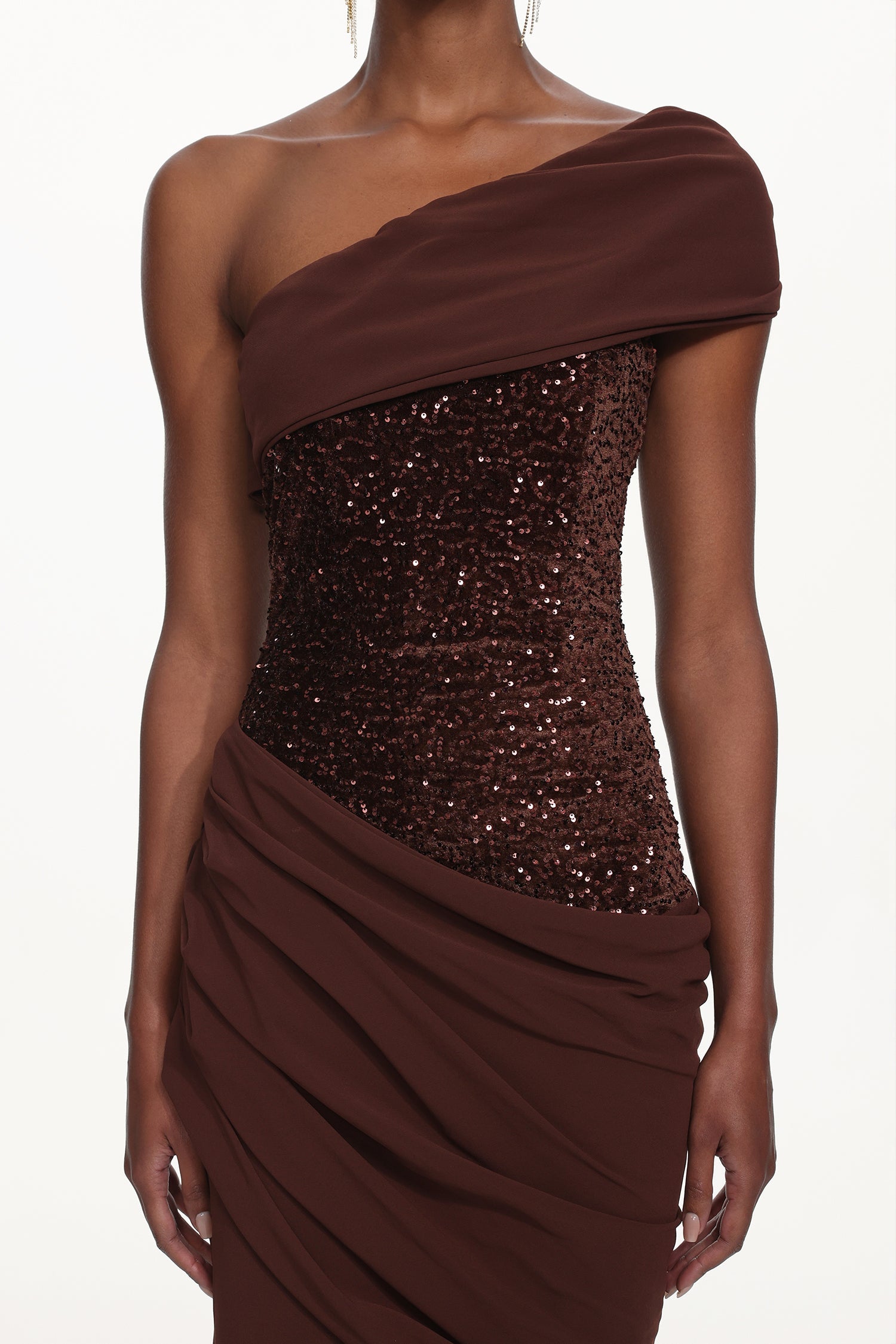 Naleza Chic Contour Off Shoulder Asymmetric Ruched Sequin Maxi Dress D260101220