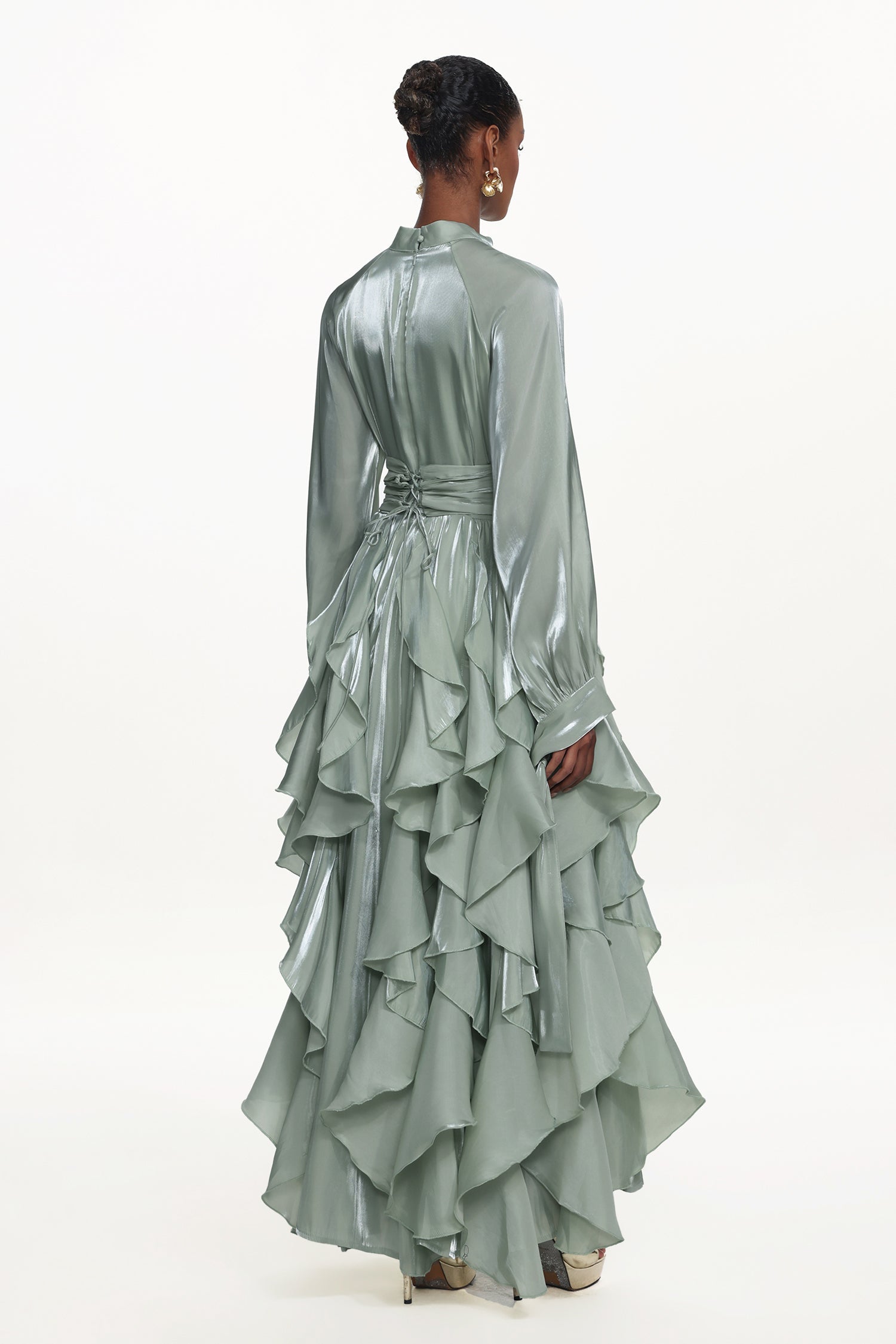 Grasa Elegant Flowy Long Sleeve Pleated Ruffle Maxi Dress D251201528