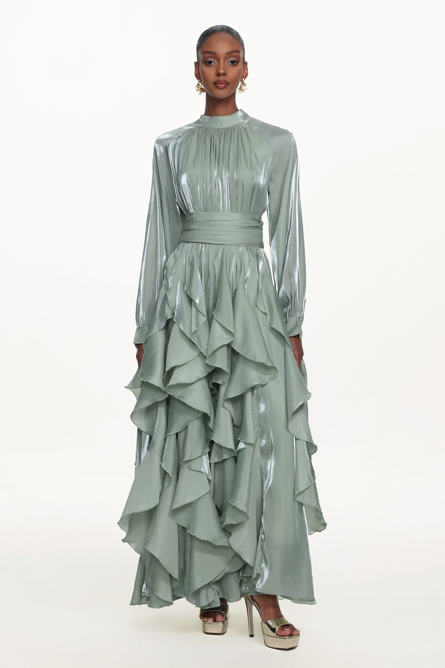 Grasa Elegant Flowy Long Sleeve Pleated Ruffle Maxi Dress D251201528