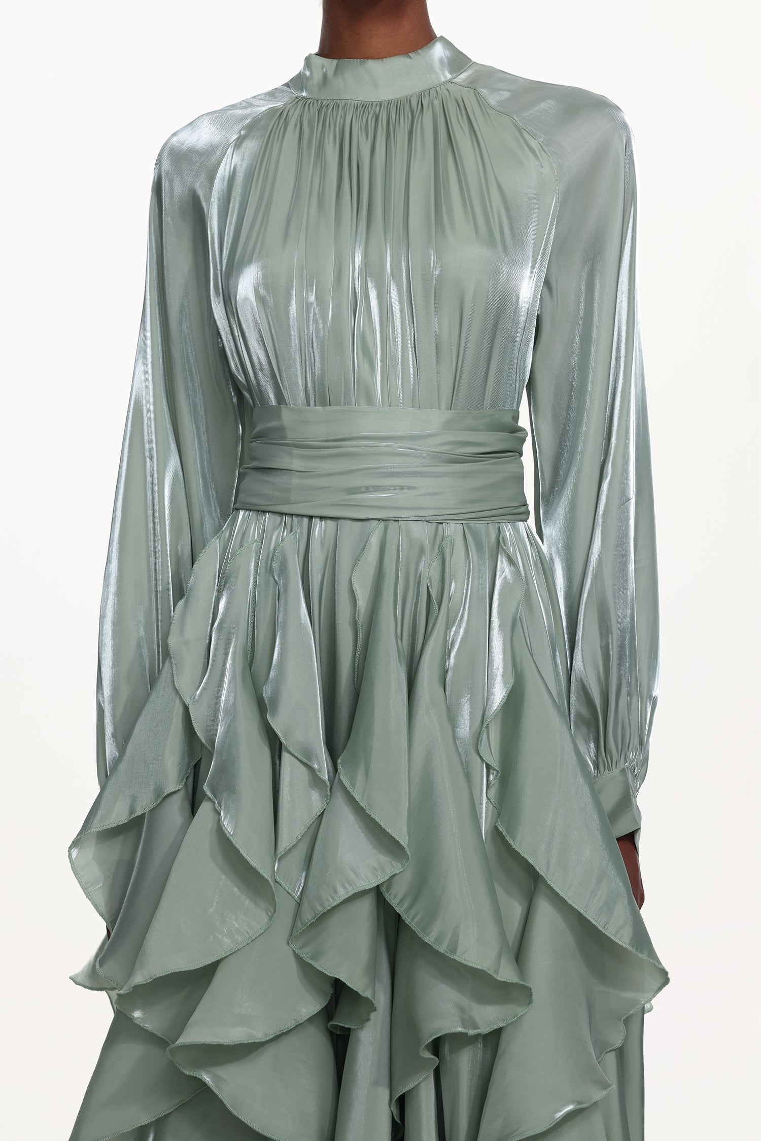 Grasa Elegant Flowy Long Sleeve Pleated Ruffle Maxi Dress D251201528