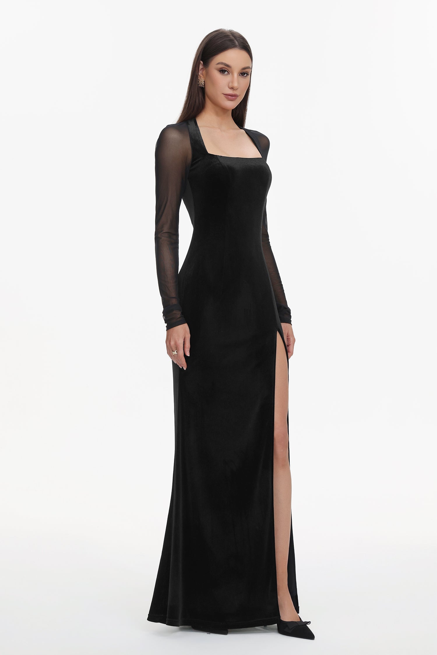 Rae Elegant Contour Long Sleeve High Slit Velvet Maxi Dress D251204301
