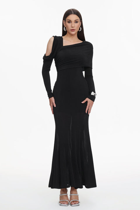 Luysa Elegant Contour One Shoulder Ruched Knit Black Maxi Dress by Bella Barnett