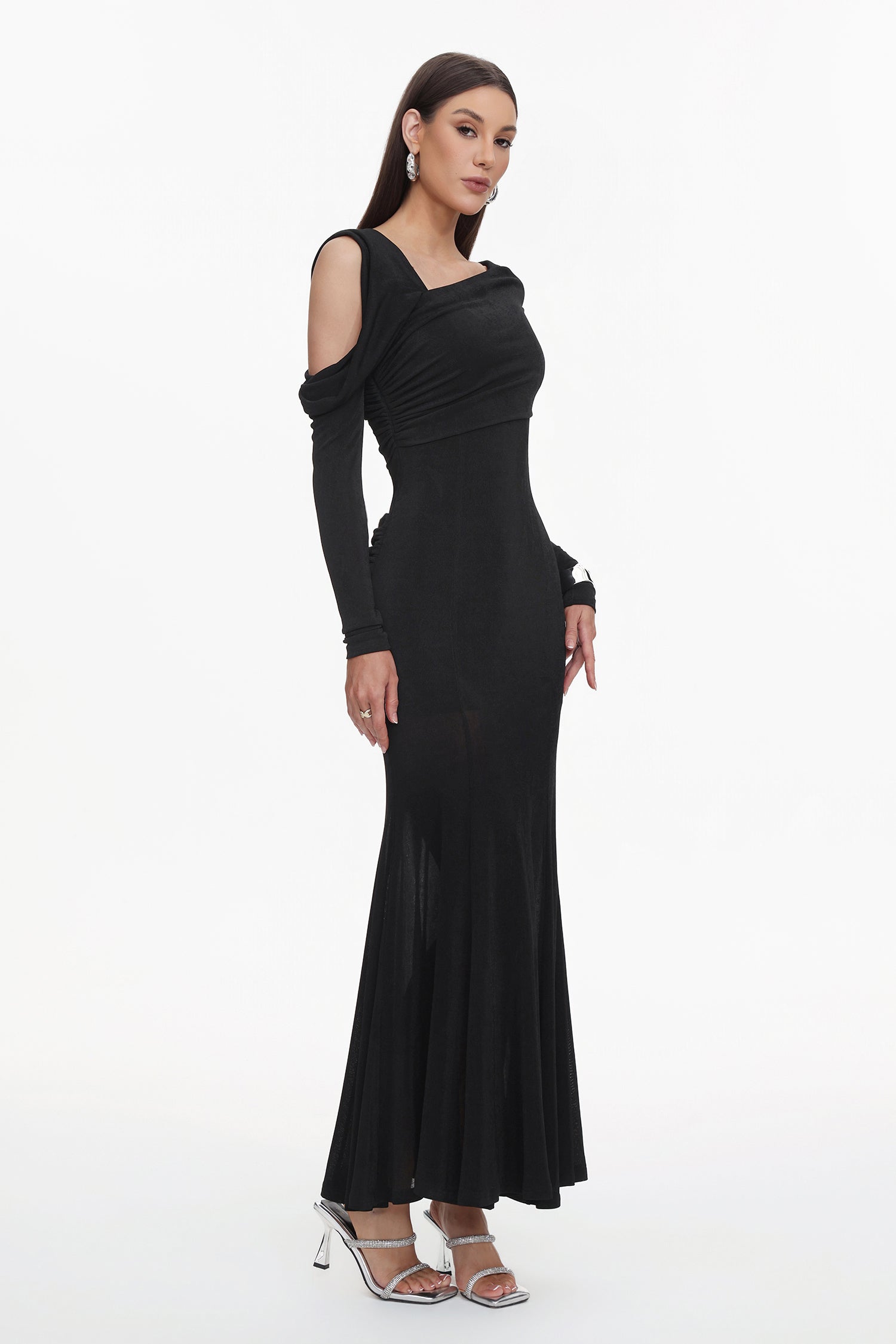 Luysa Elegant Contour One Shoulder Ruched Knit Black Maxi Dress C250800180