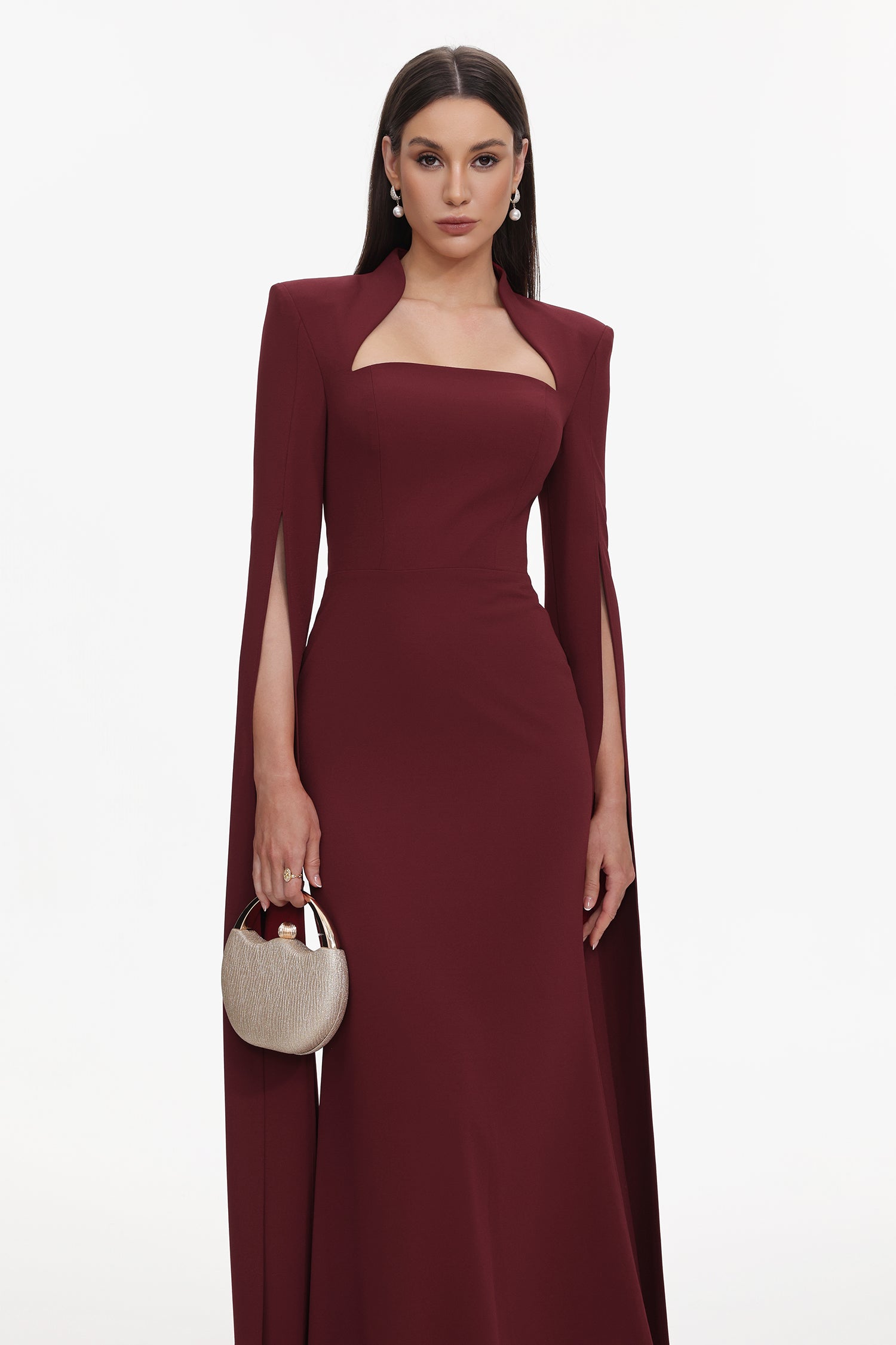 Werko Elegant Tailored Square Neck Cape Sleeve Woven Maxi Dress D251204303