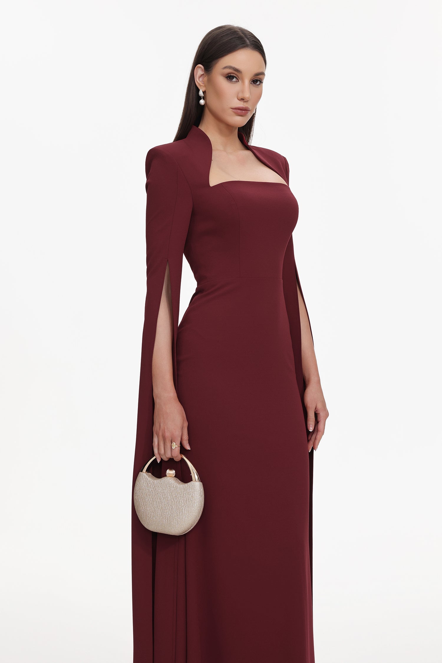 Werko Elegant Tailored Square Neck Cape Sleeve Woven Maxi Dress D251204303