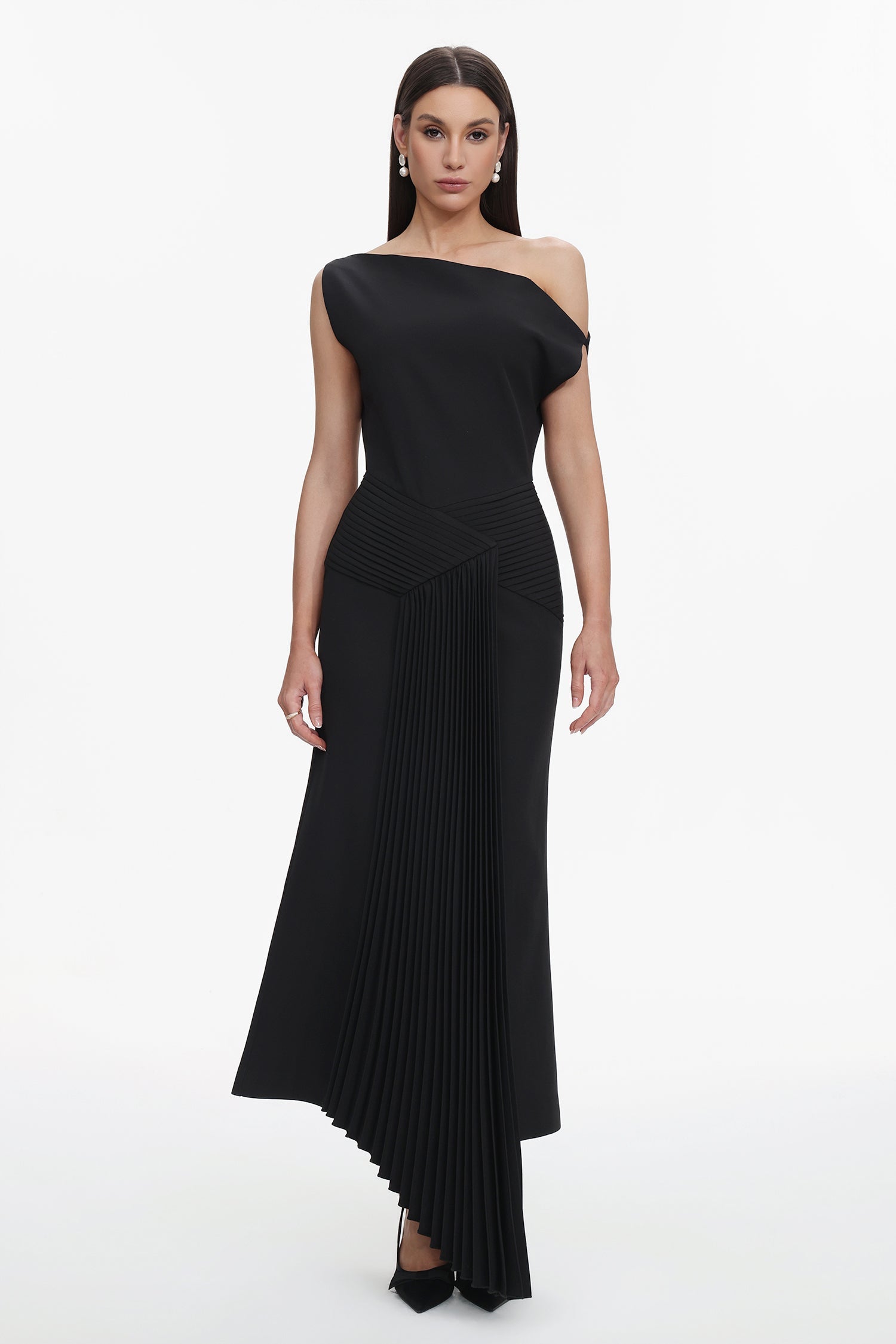 Juny Oblique Shoulder Sleeveless Folds Midi Dress C250300341