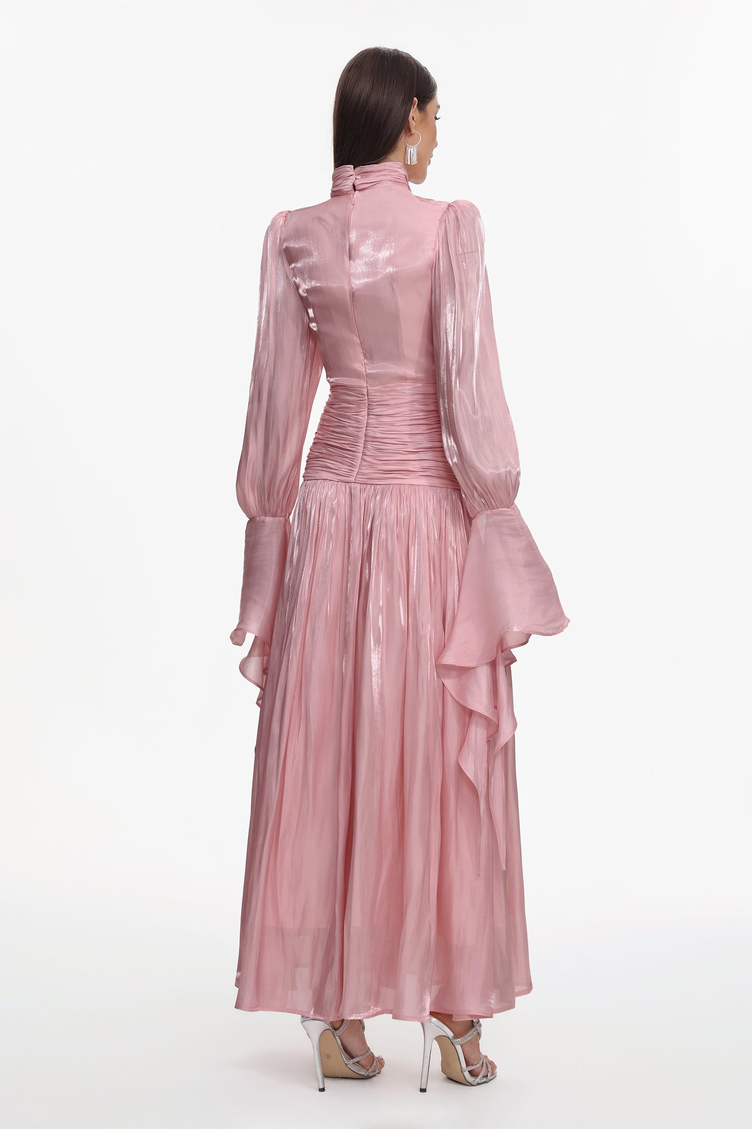 Viky Resort Waist-Defining Long Sleeve Ruched Woven Dark Pink Maxi Dress C251000034