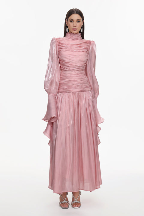 Viky Resort Waist-Defining Long Sleeve Ruched Woven Dark Pink Maxi Dress by Bella Barnett