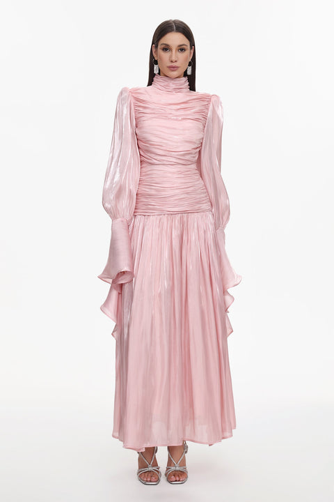 Viky Resort Waist-Defining Long Sleeve Ruched Woven Maxi Dress by Bella Barnett
