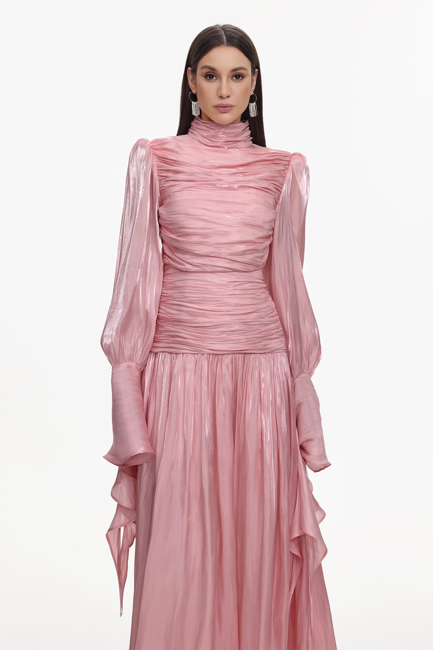 Viky Resort Waist-Defining Long Sleeve Ruched Woven Dark Pink Maxi Dress C251000034