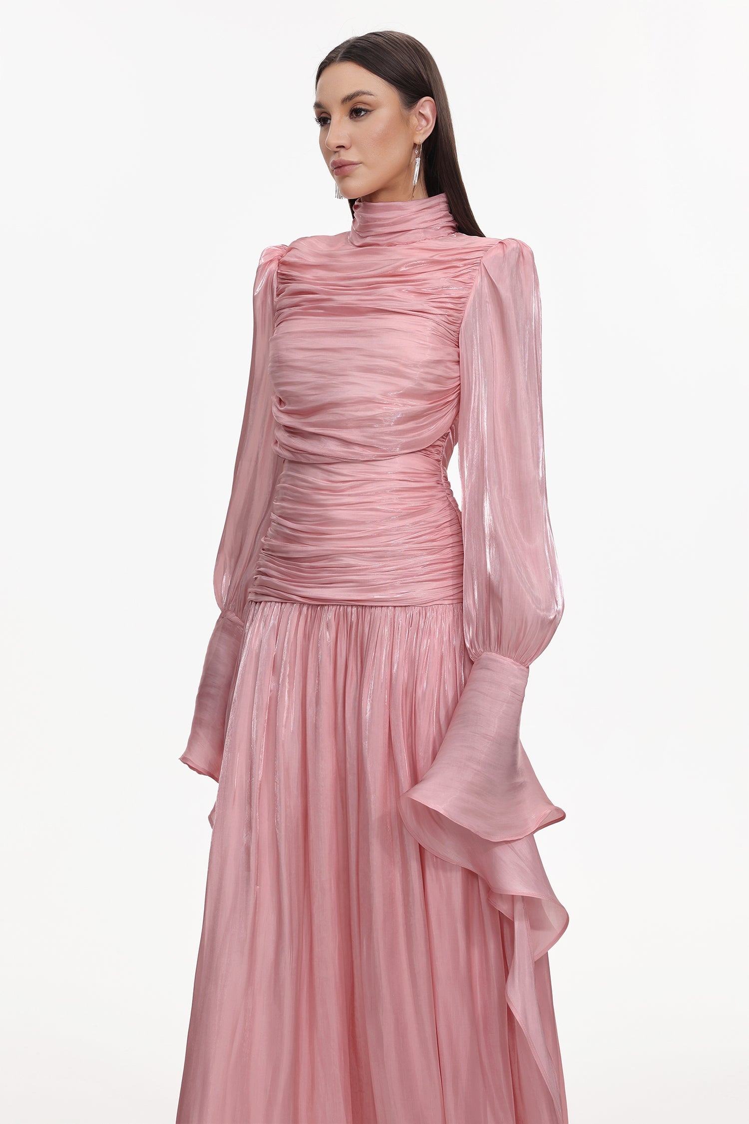 Viky Resort Waist-Defining Long Sleeve Ruched Woven Dark Pink Maxi Dress C251000034